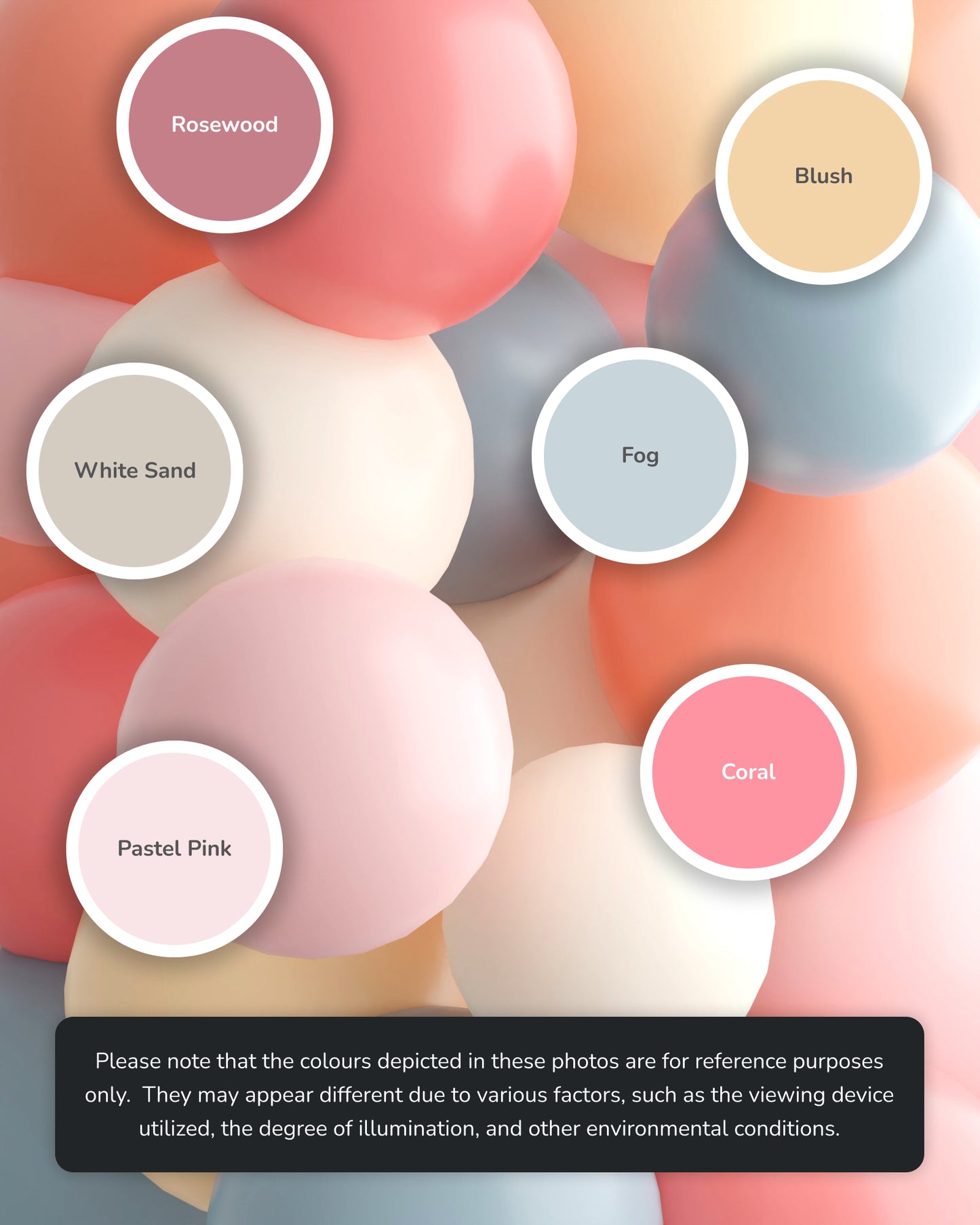 A soft arrangement of pastel-colored spheres, labeled with names like Rosewood, Blush, and Coral, on a gentle background.