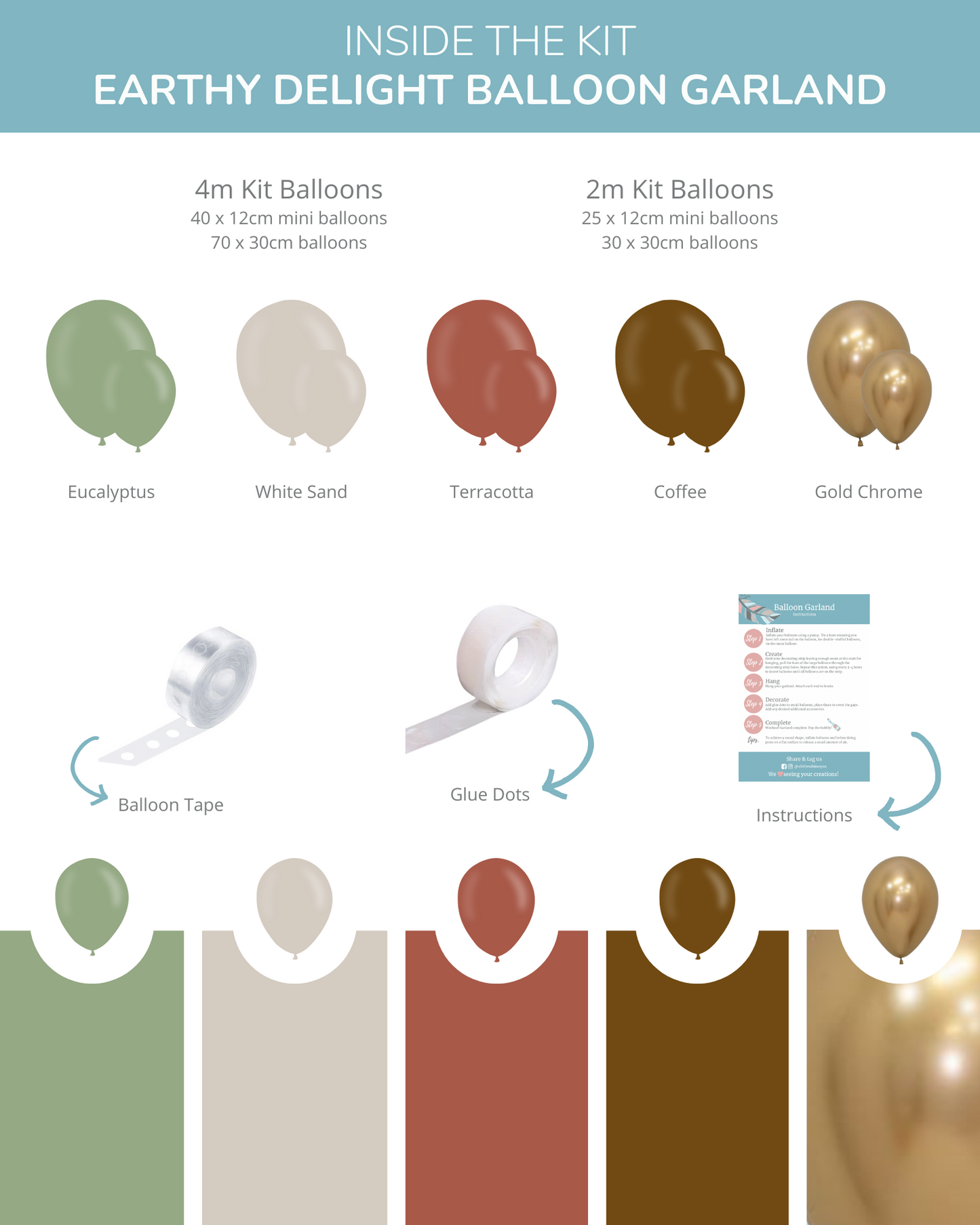 A collection of balloons in earthy tones, including eucalyptus, white sand, terracotta, coffee, and gold chrome.