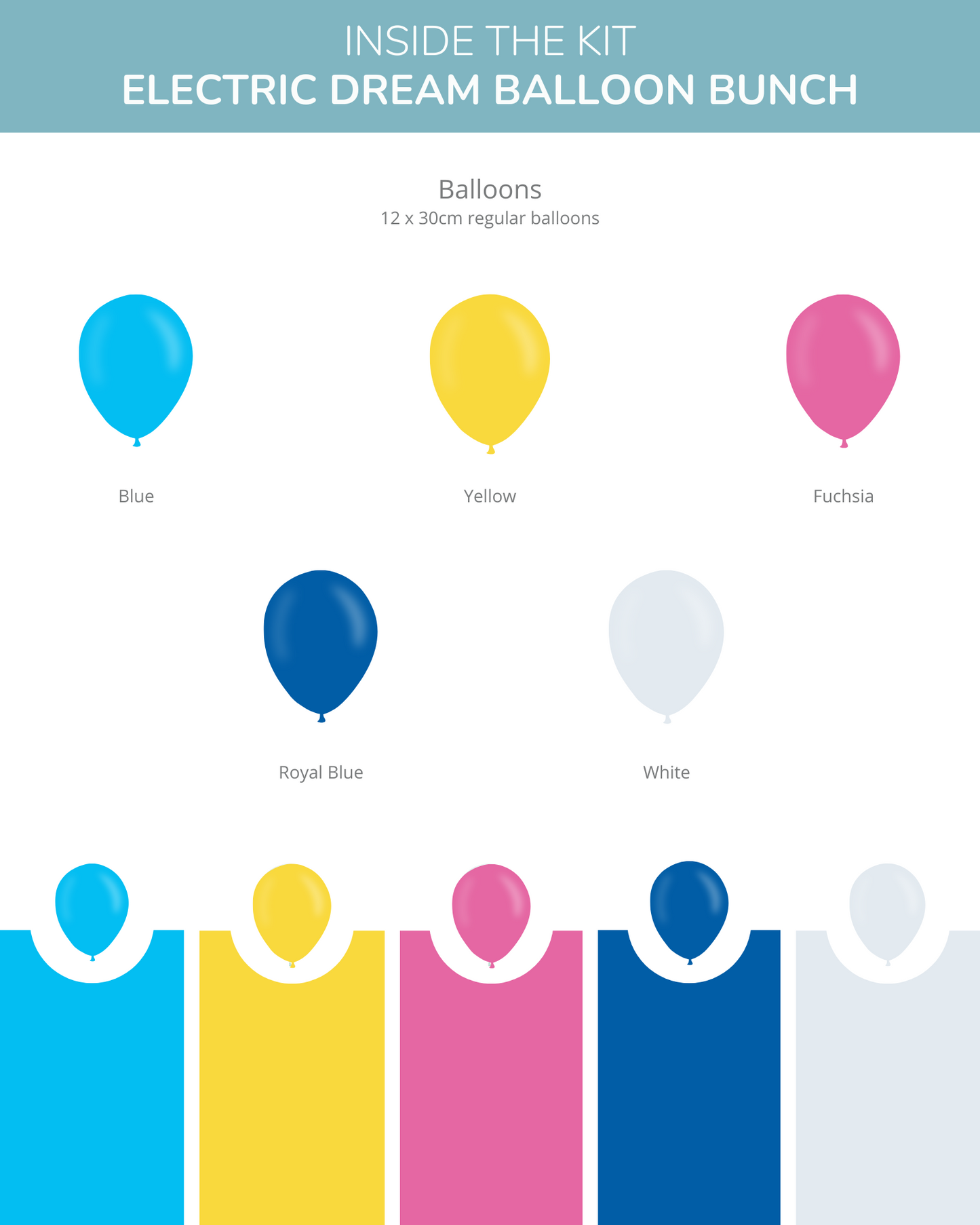 A vibrant collection of balloons in blue, yellow, fuchsia, royal blue, and white, arranged with color labels.