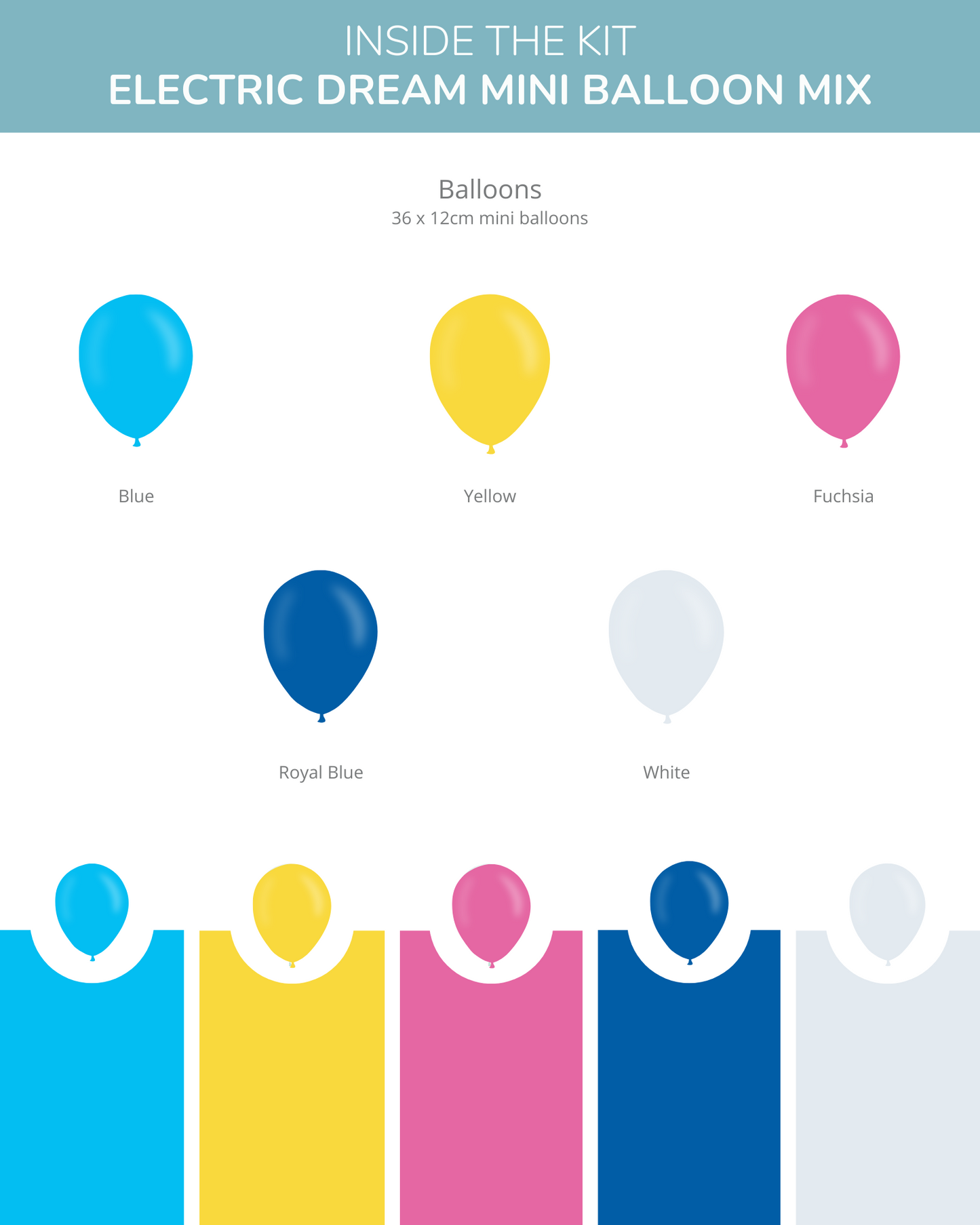Colorful mini balloons in blue, yellow, fuchsia, royal blue, and white, arranged with labels and vibrant backgrounds.