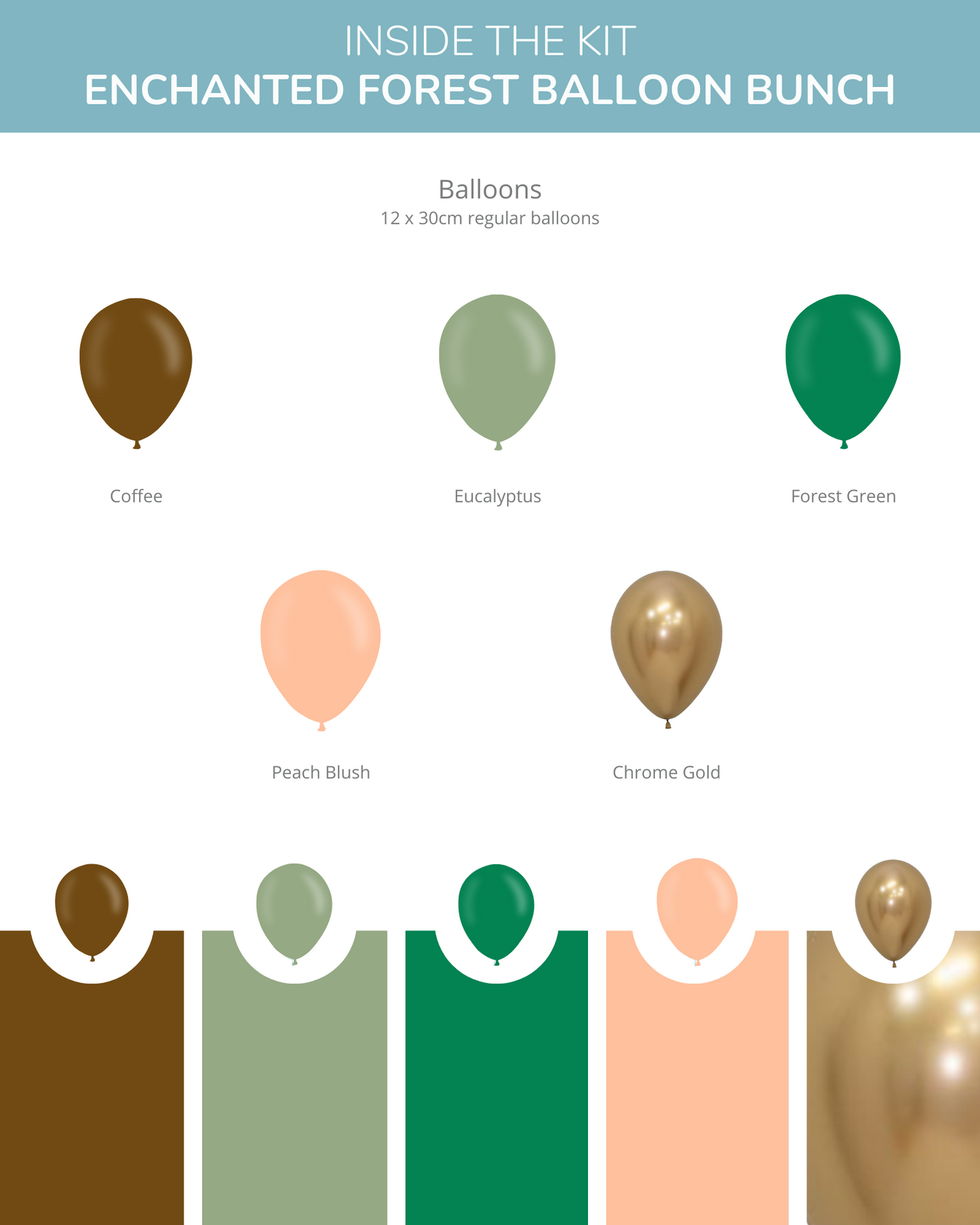 A collection of balloons in earthy tones, featuring rich greens, soft peach, and shimmering gold.