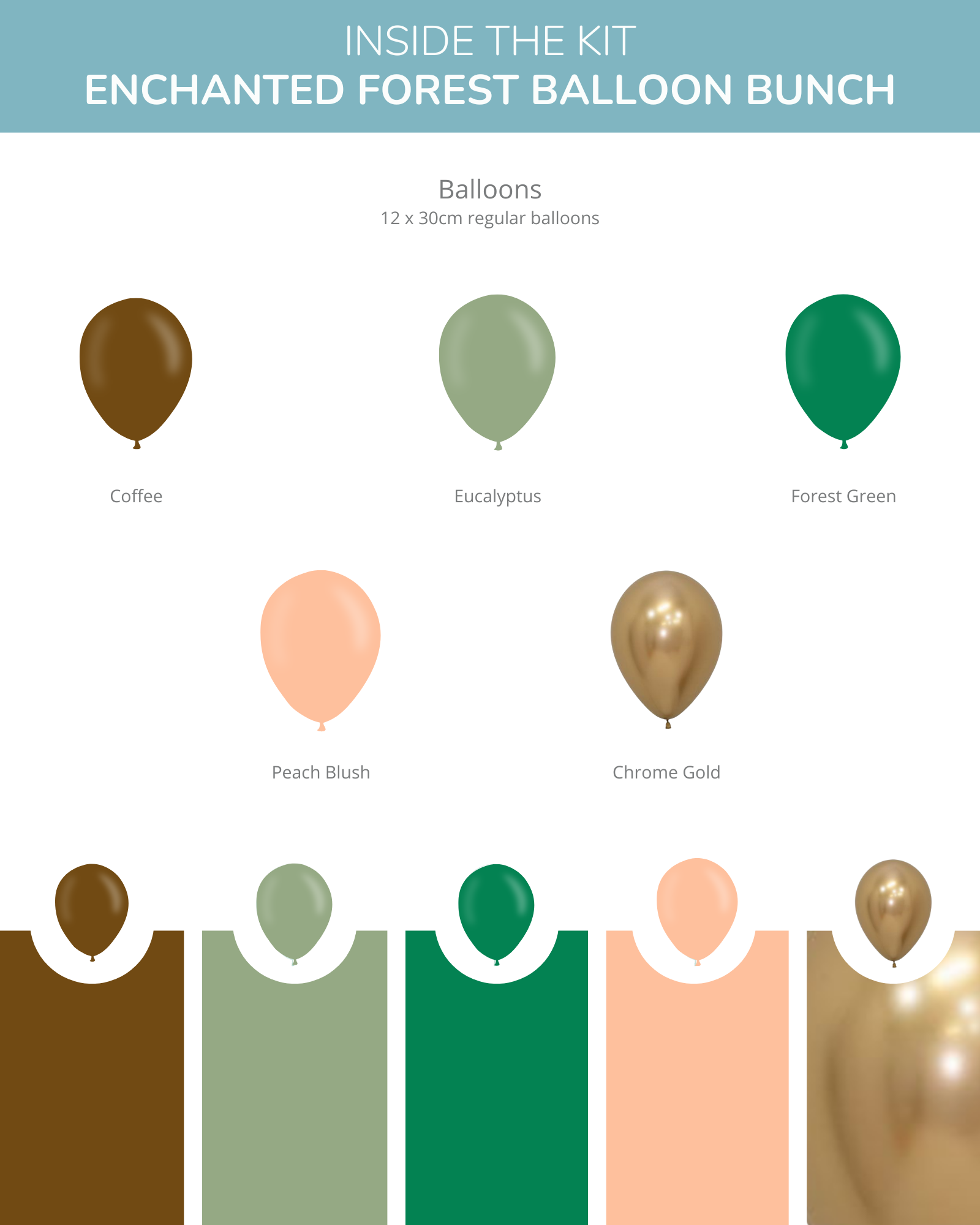 A collection of balloons in earthy tones, featuring rich greens, soft peach, and shimmering gold.