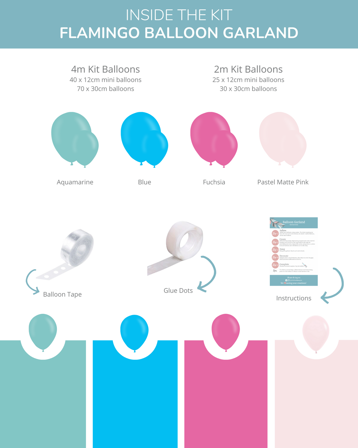 Colorful balloons in aquamarine, blue, fuchsia, and pastel pink, along with tape and instructions for assembly.