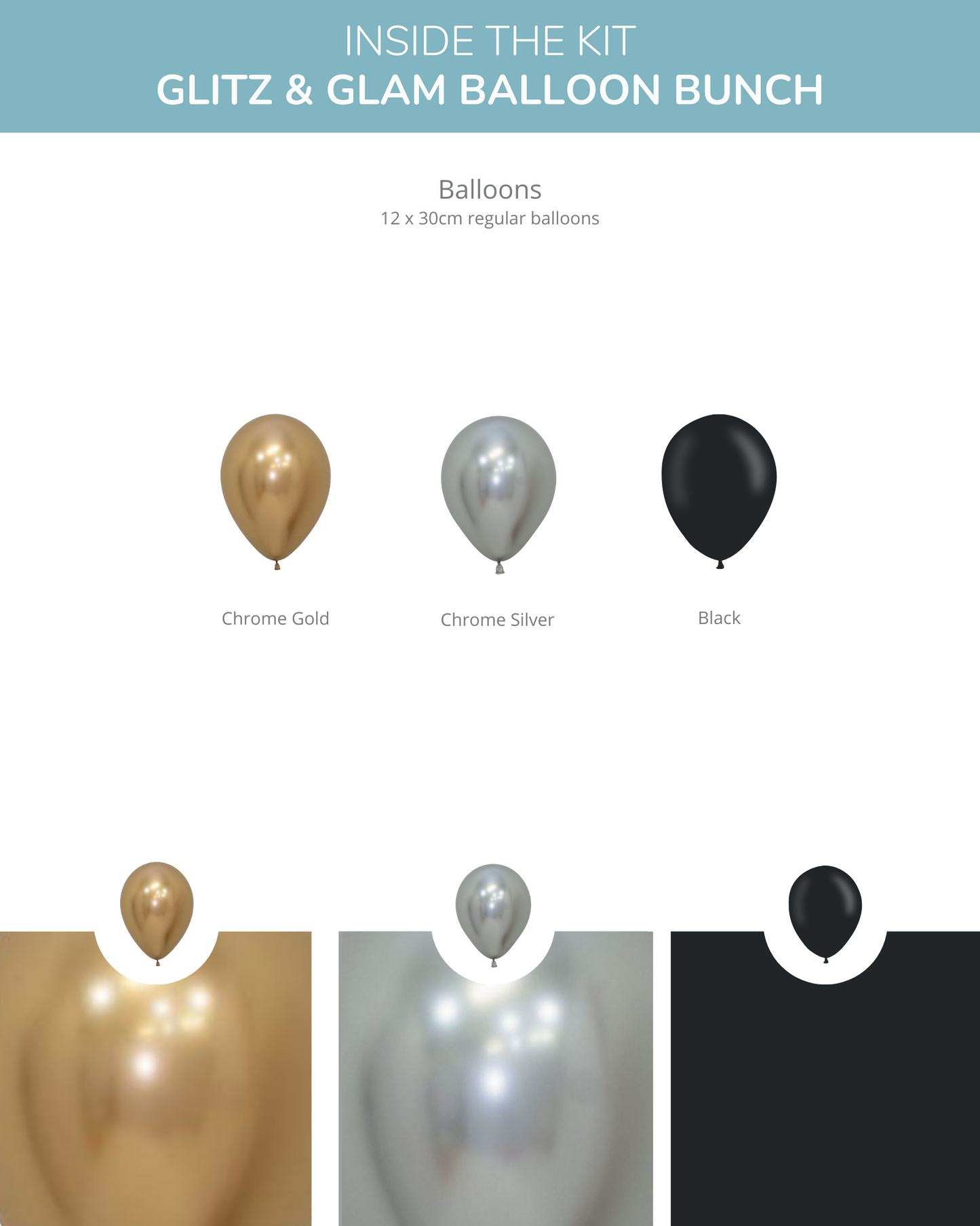 A collection of chrome gold, chrome silver, and black balloons displayed in a minimalistic layout.