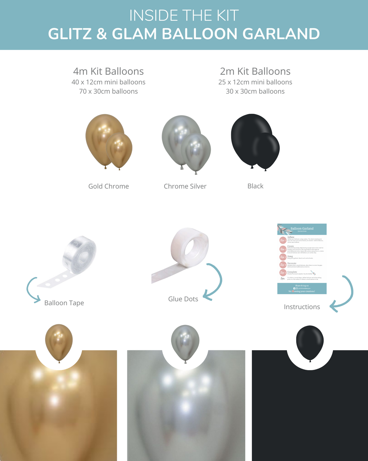 A collection of shiny gold, silver, and black balloons alongside balloon tape and glue dots for festive decorations.