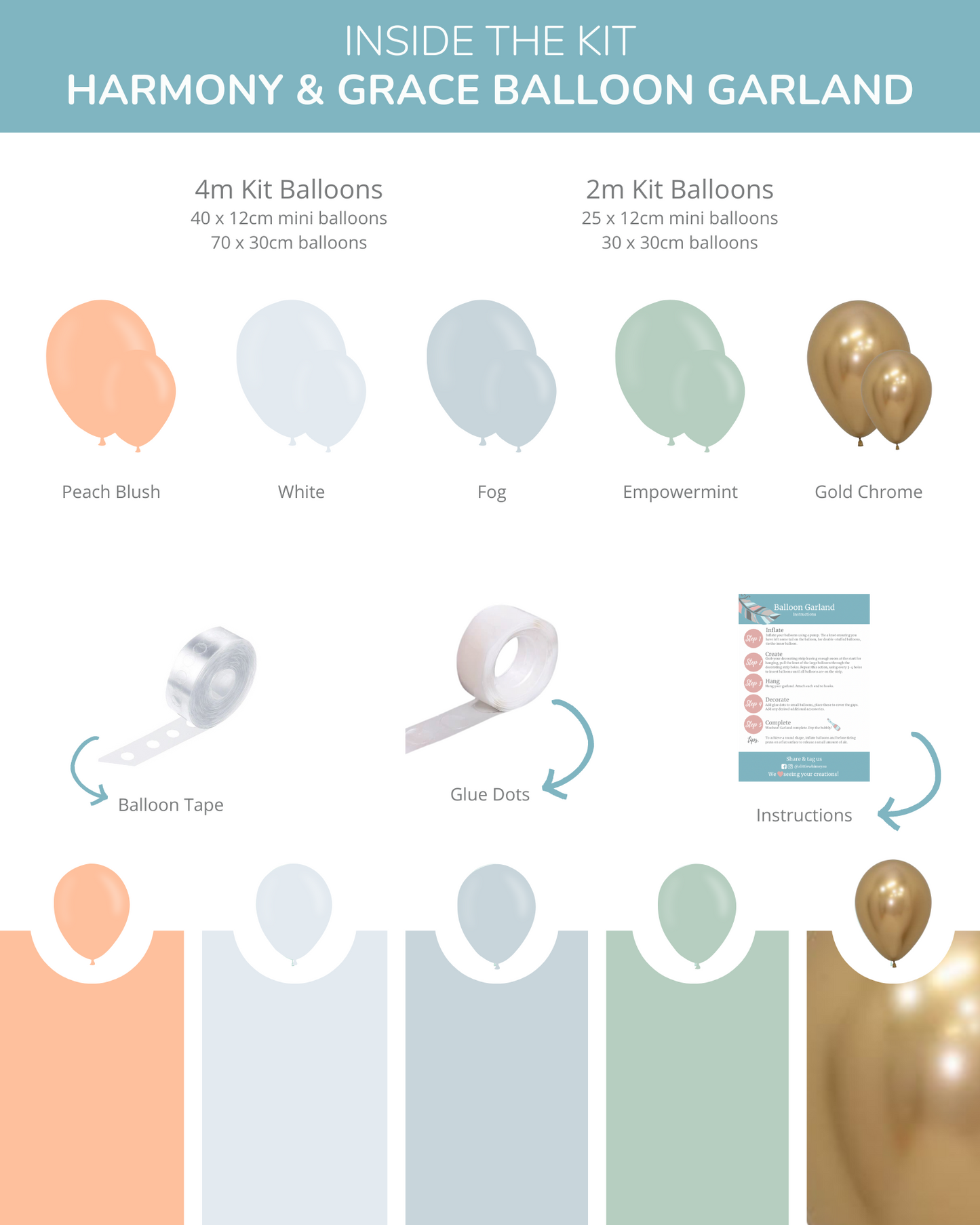 A colorful assortment of balloons in soft pastel shades, with tools for assembly and instructions included.