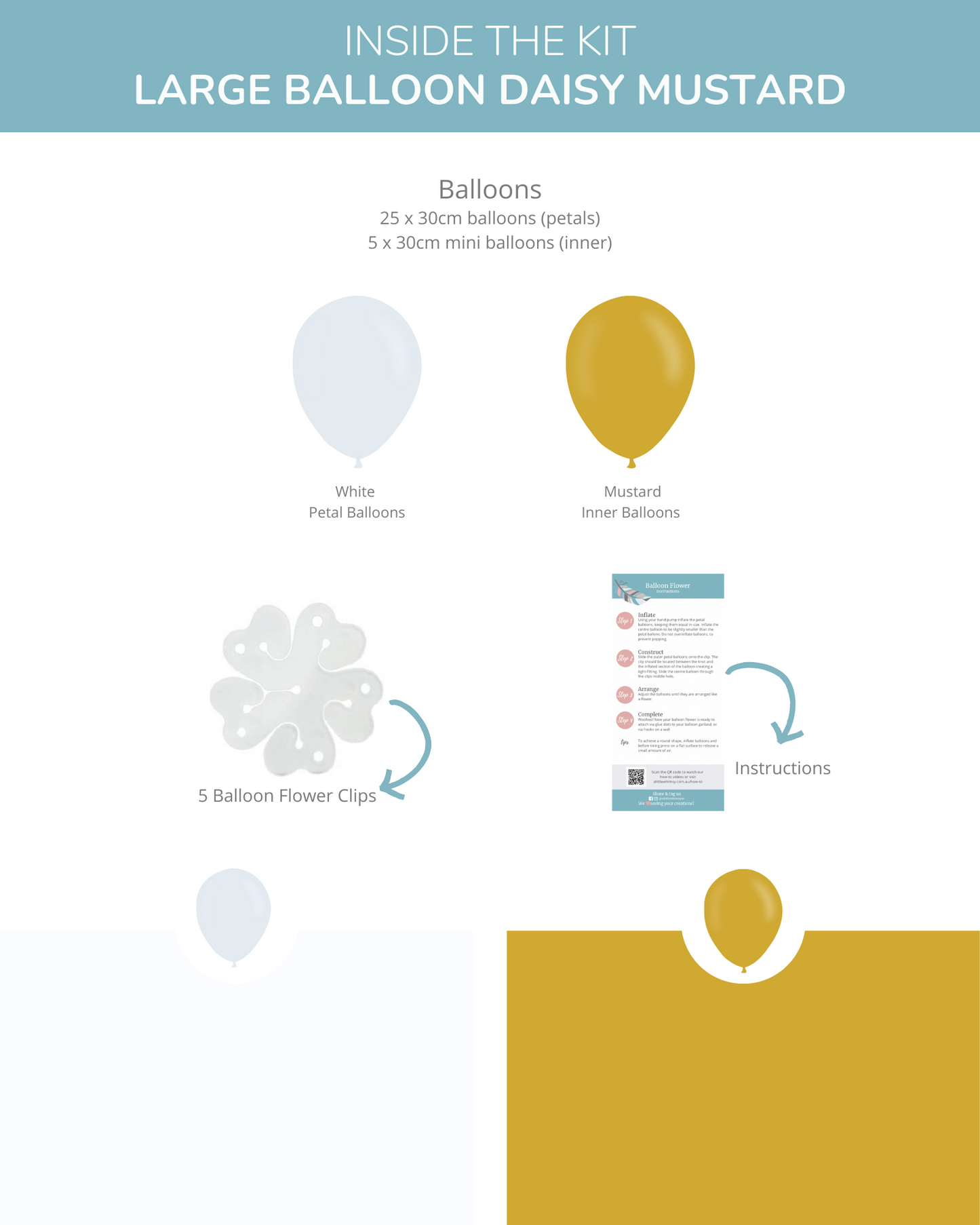A mustard yellow balloon with five white petal balloons and flower clips, alongside instructions for assembly.
