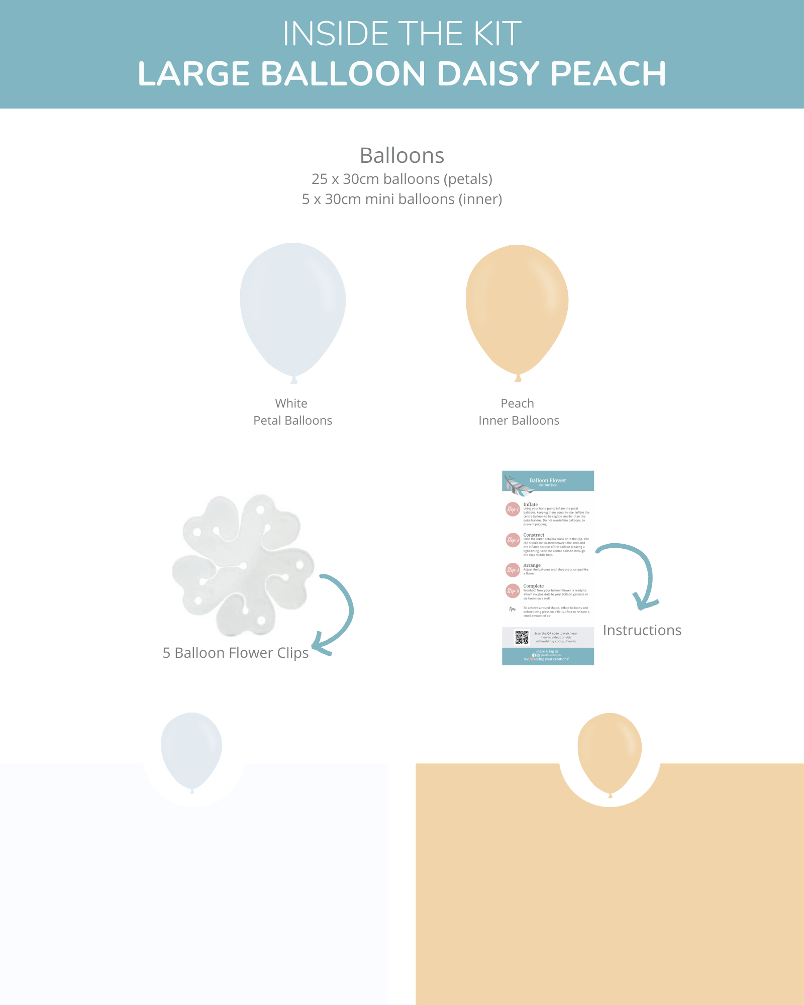 Peach and white balloons with flower clips and instructions for assembly, set against a light background.