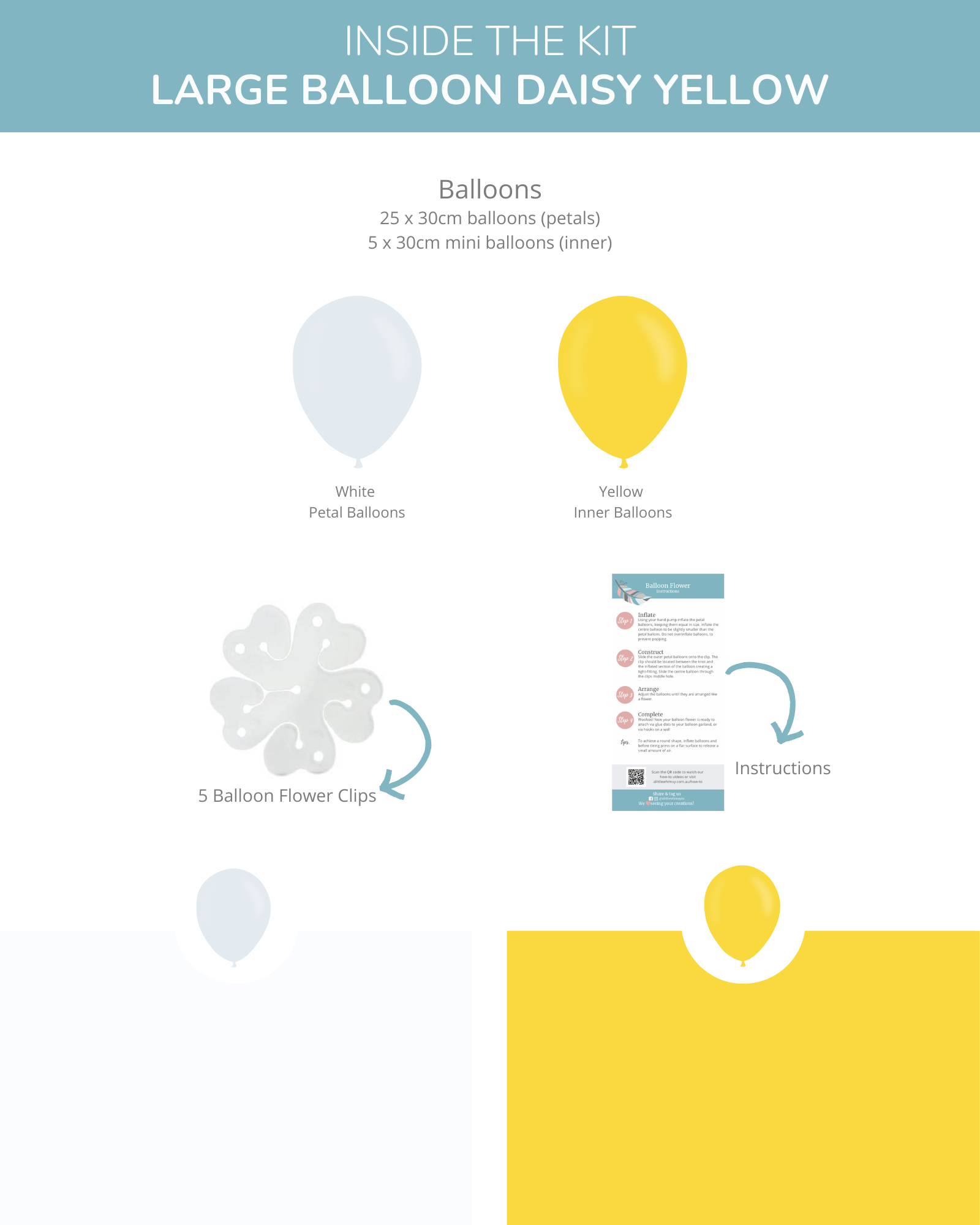 Yellow and white balloons with clips and instructions for assembling a floral decoration kit.