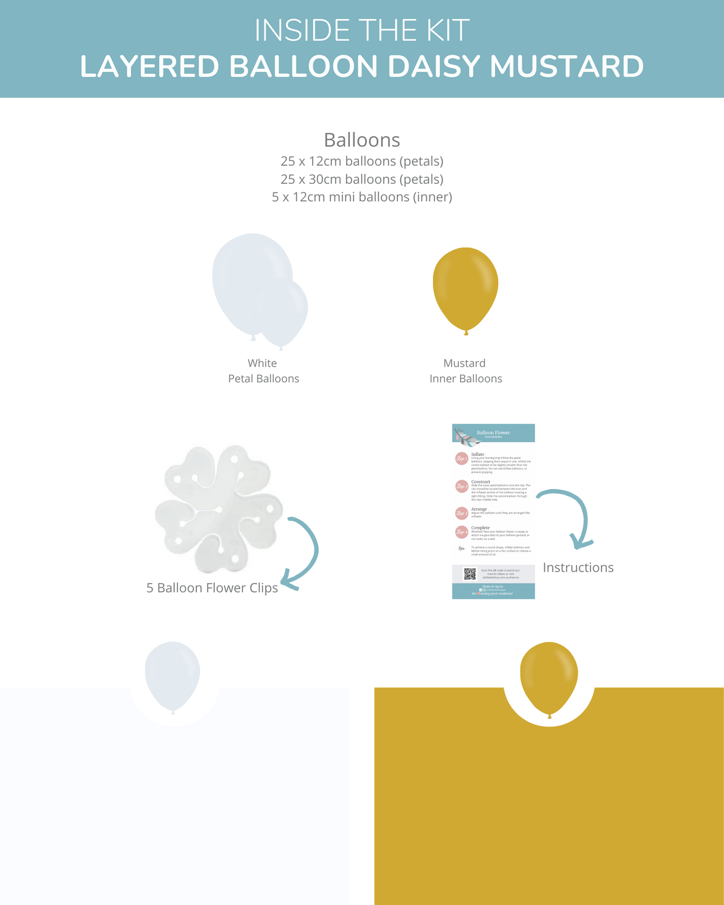Collection of balloons in white and mustard, along with flower clips and instruction guide for decoration.