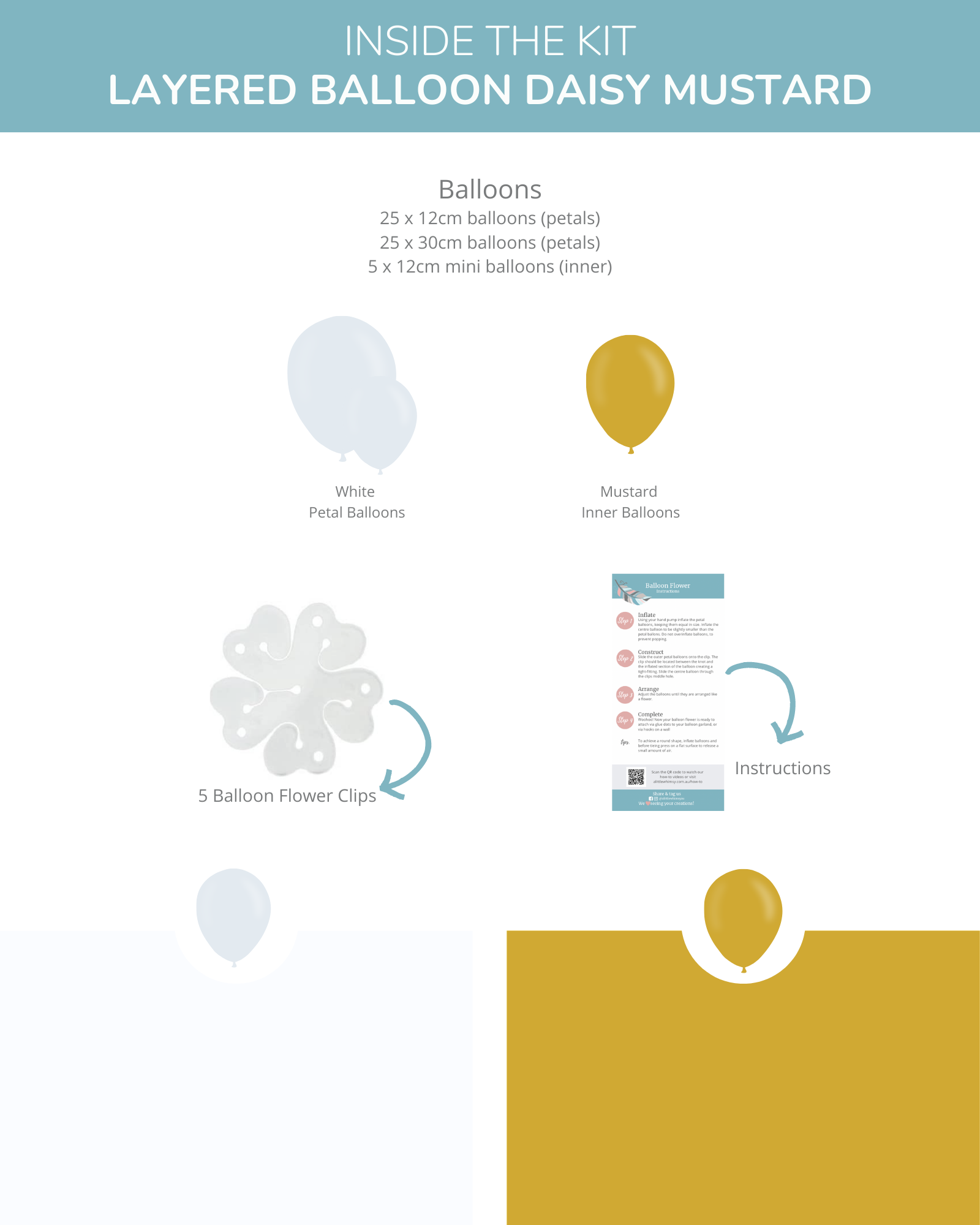 Collection of balloons in white and mustard, along with flower clips and instruction guide for decoration.