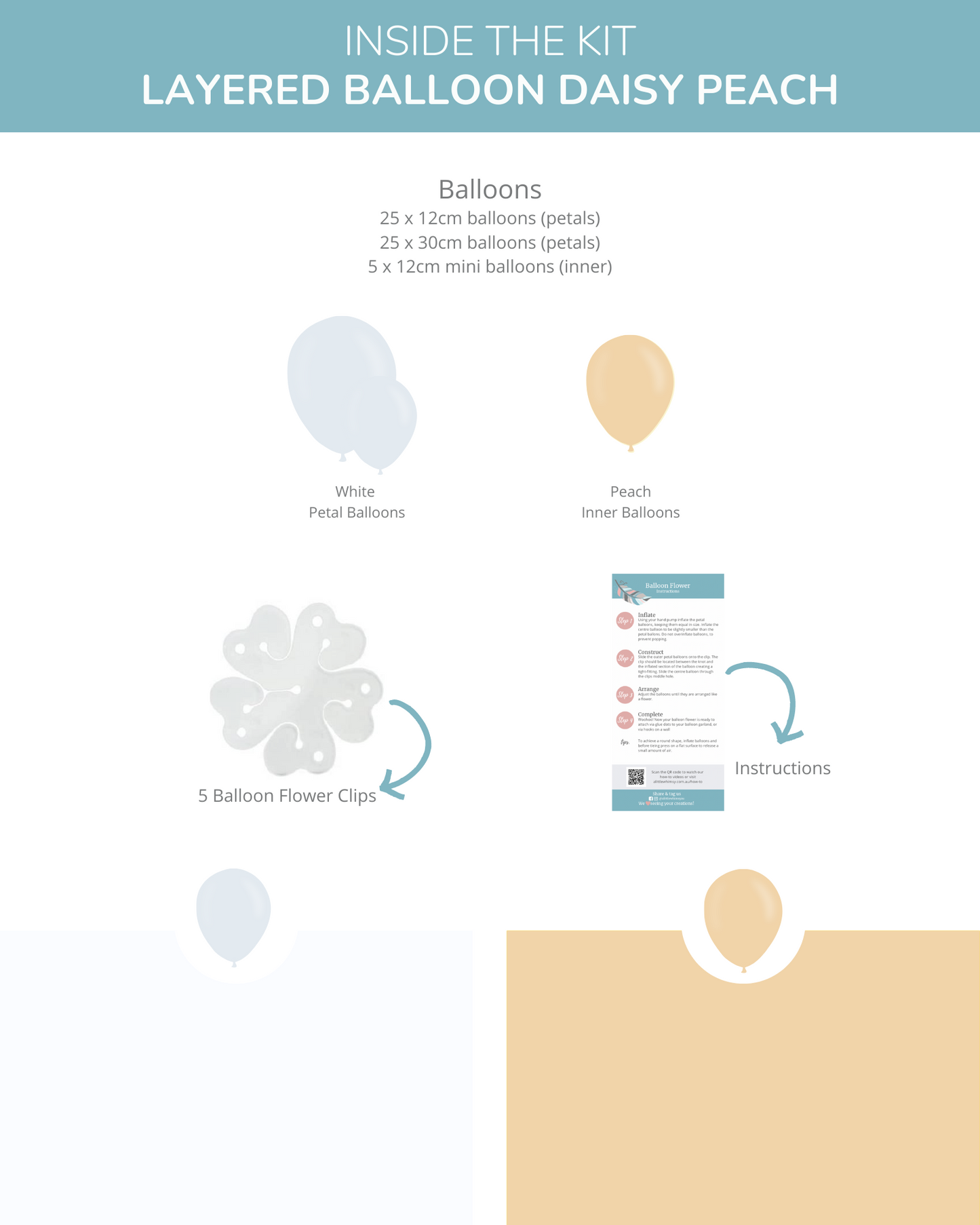 Colorful balloons in peach and white, along with flower clips and instructional details for assembly.