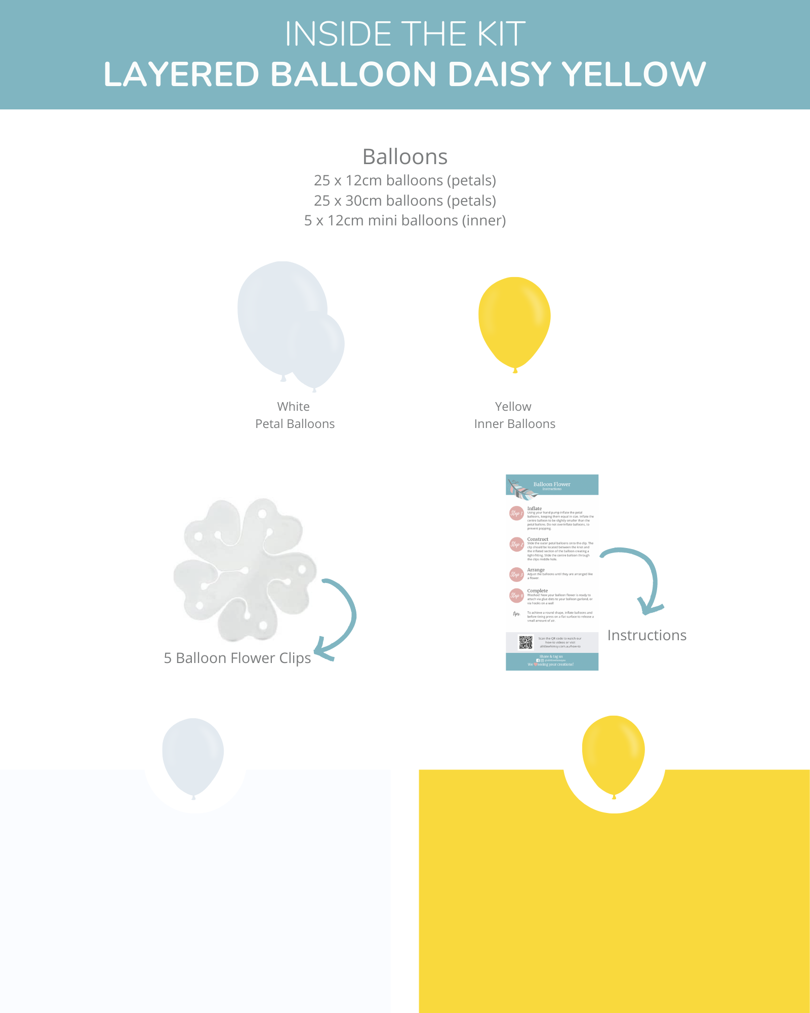 A cheerful arrangement featuring yellow and white balloons, along with clips and instructions for assembly.