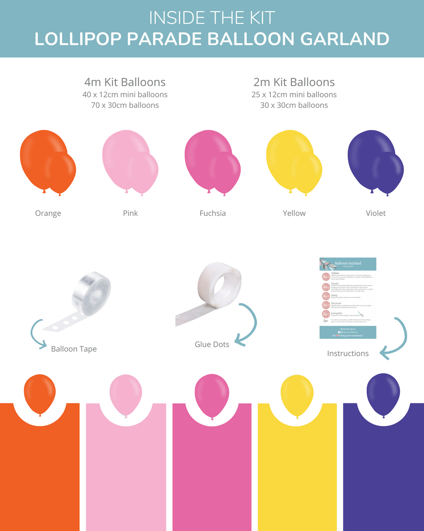 Colorful balloons in orange, pink, fuchsia, yellow, and violet, with balloon tape and glue dots for decoration.