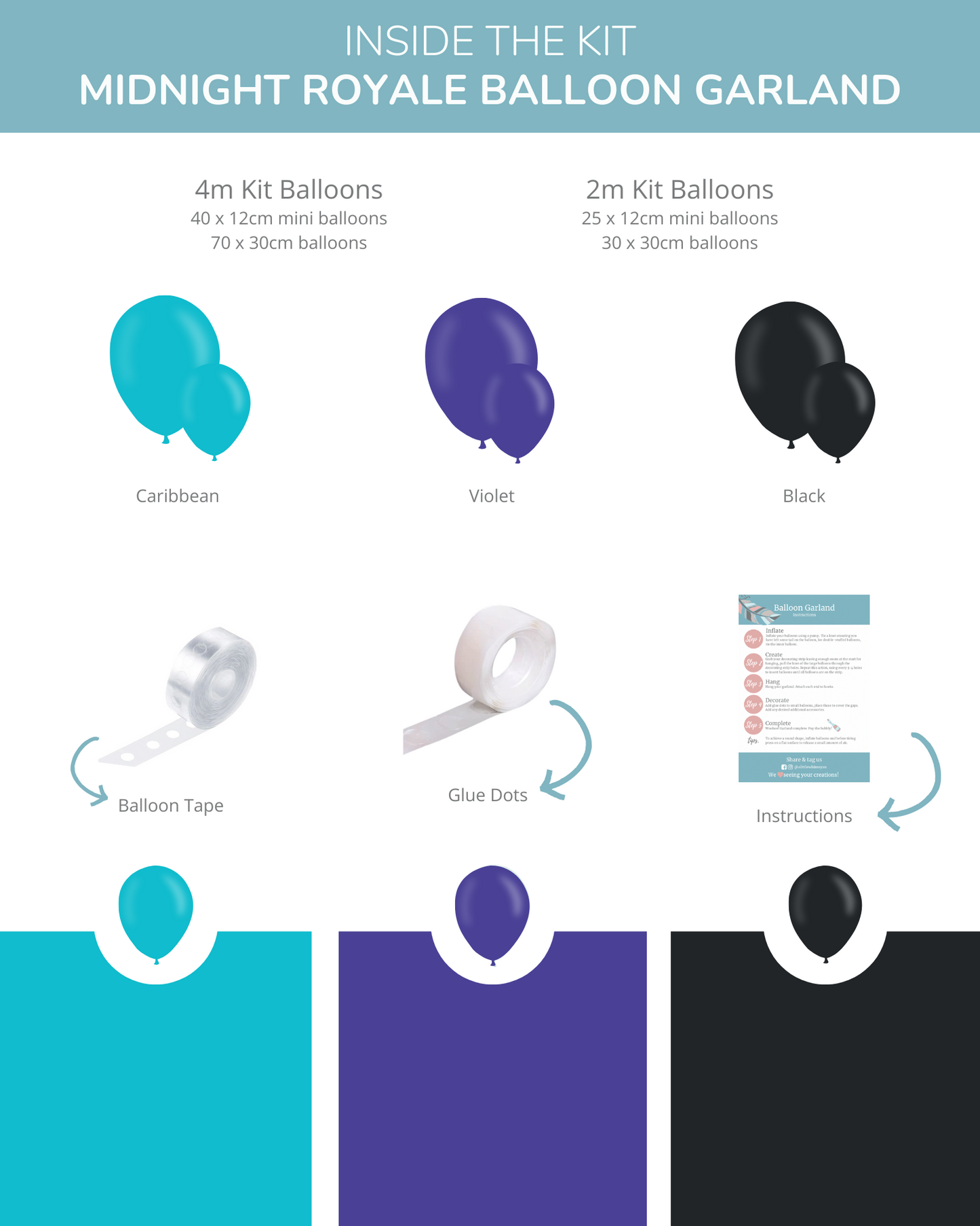 Colorful balloon garland kit featuring Caribbean, violet, and black balloons with adhesive supplies and instructions included