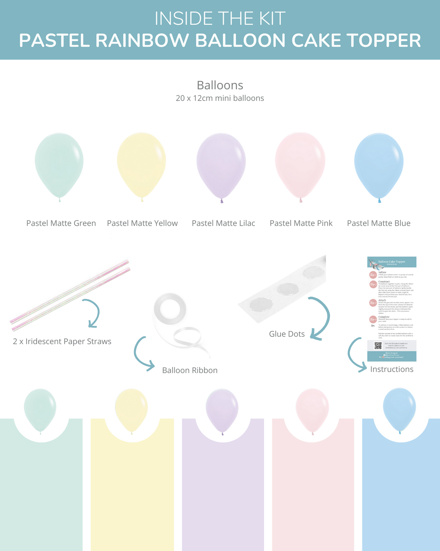 Pastel balloons in green, yellow, lilac, pink, and blue arranged with straws, ribbon, and instructions for assembly.