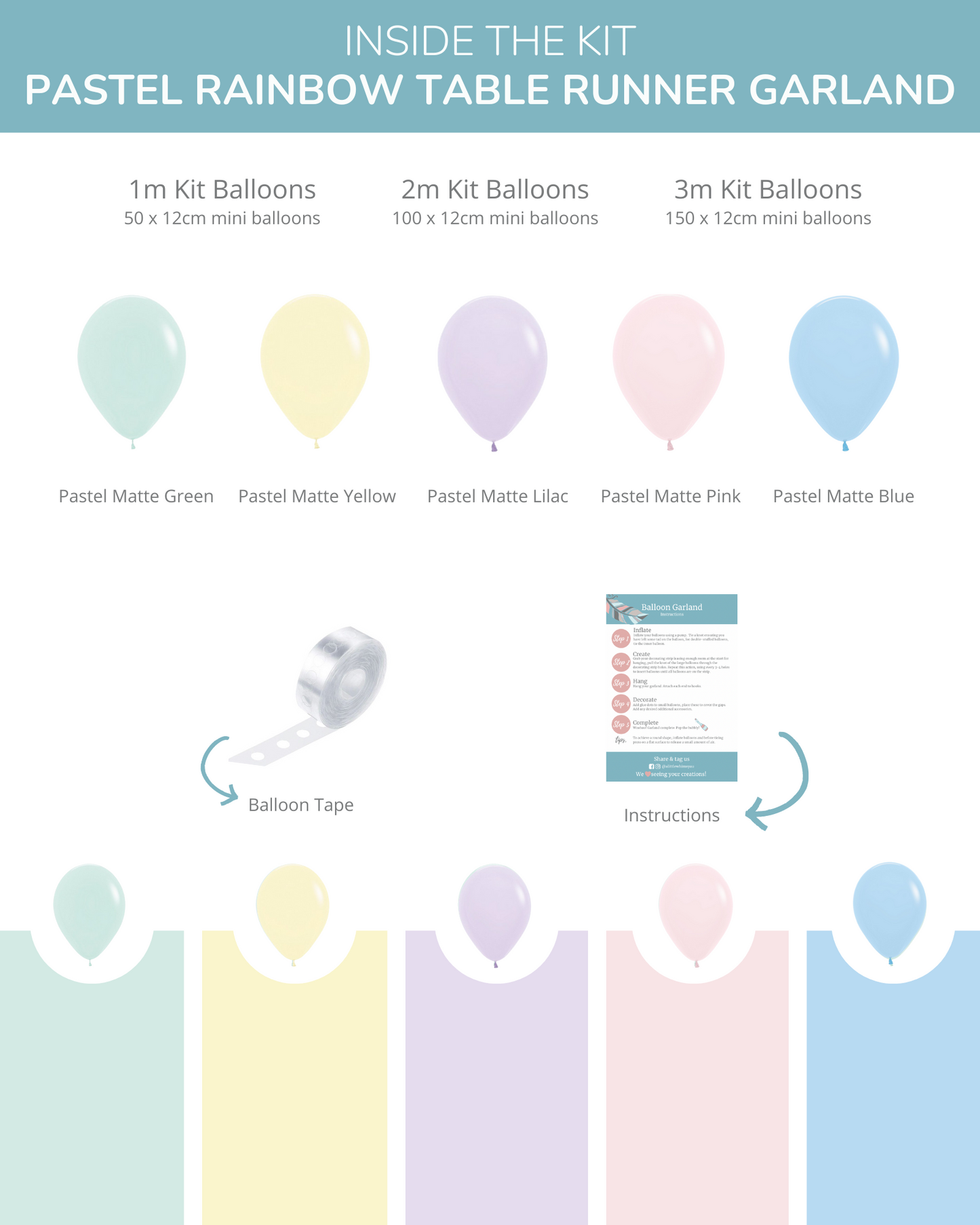 Pastel balloons in green, yellow, lilac, pink, and blue, arranged with tape and instructions for assembly.