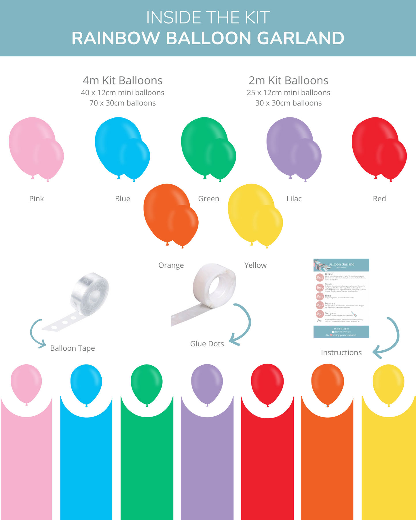 Colorful balloons in shades of pink, blue, green, yellow, orange, lilac, and red, with adhesive supplies and instructions.