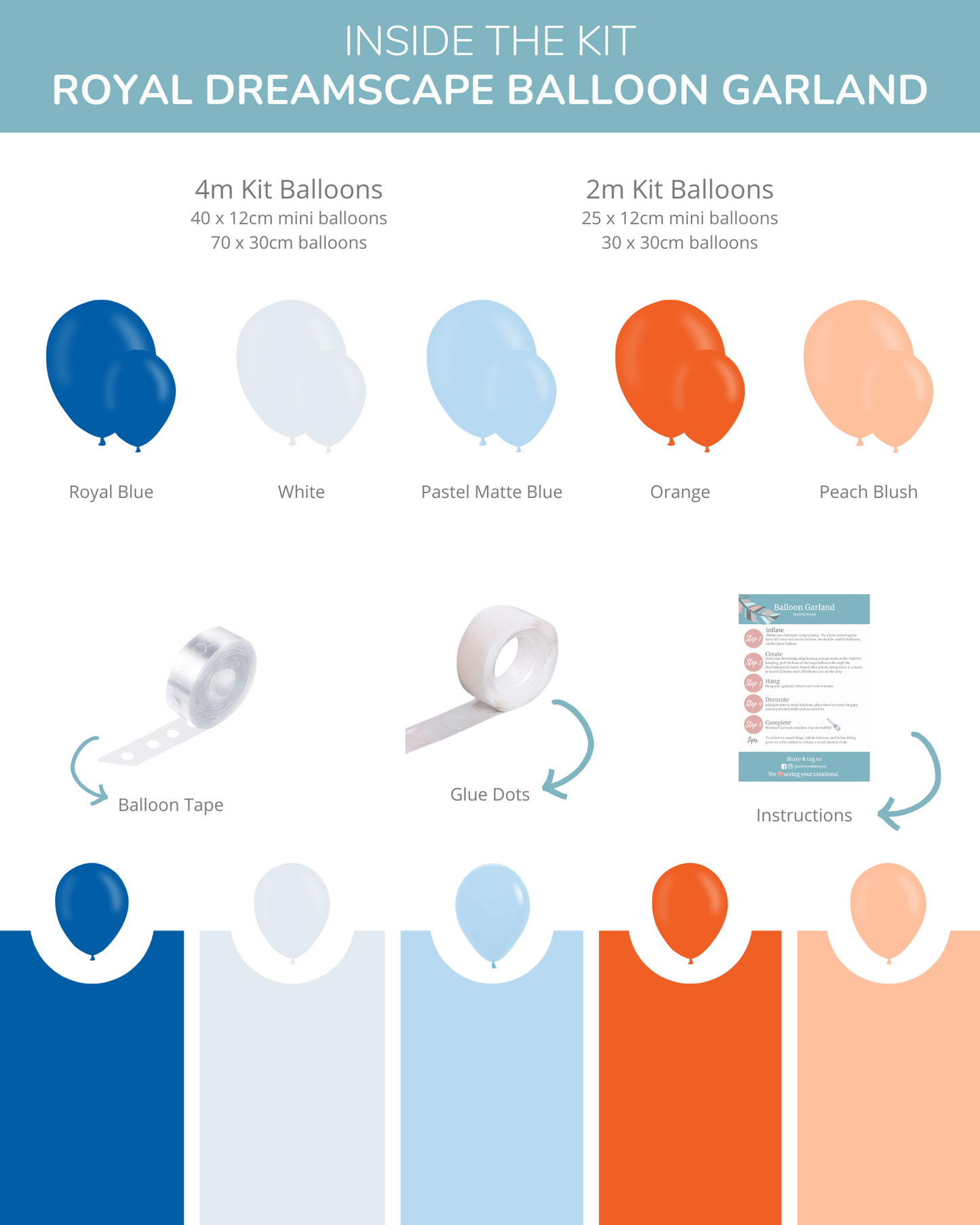 A colorful assortment of balloons in various shades, accompanied by adhesive tape and instructional guide.