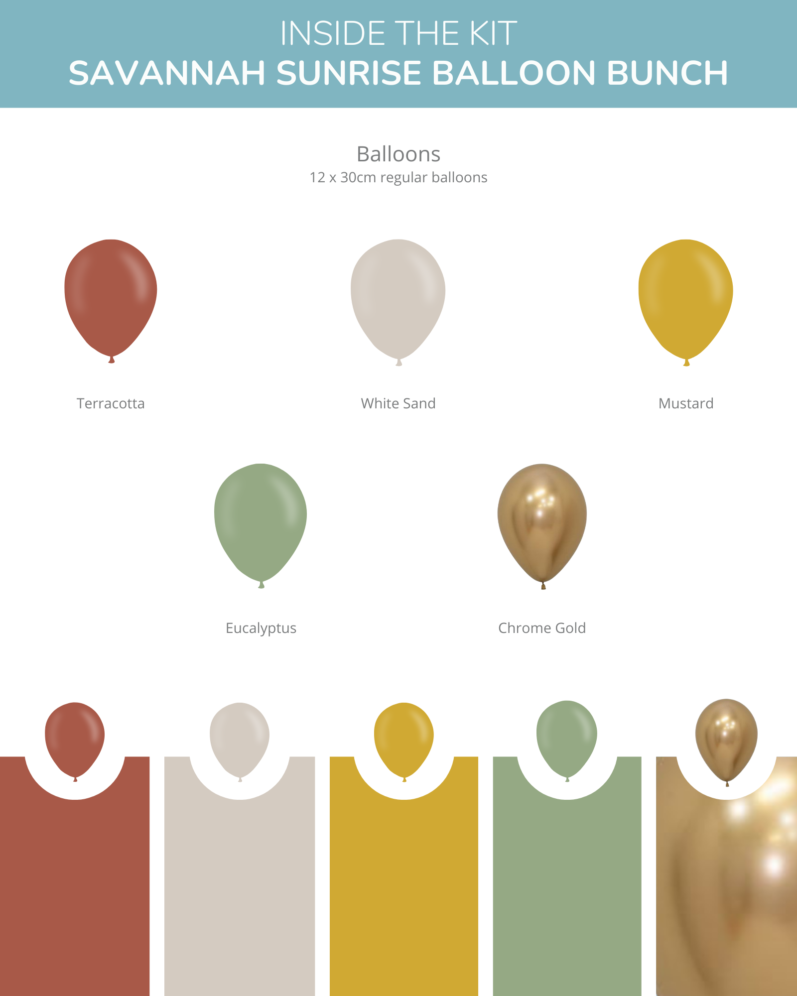 A variety of balloons in terracotta, white sand, mustard, eucalyptus, and chrome gold arranged in a vibrant display.