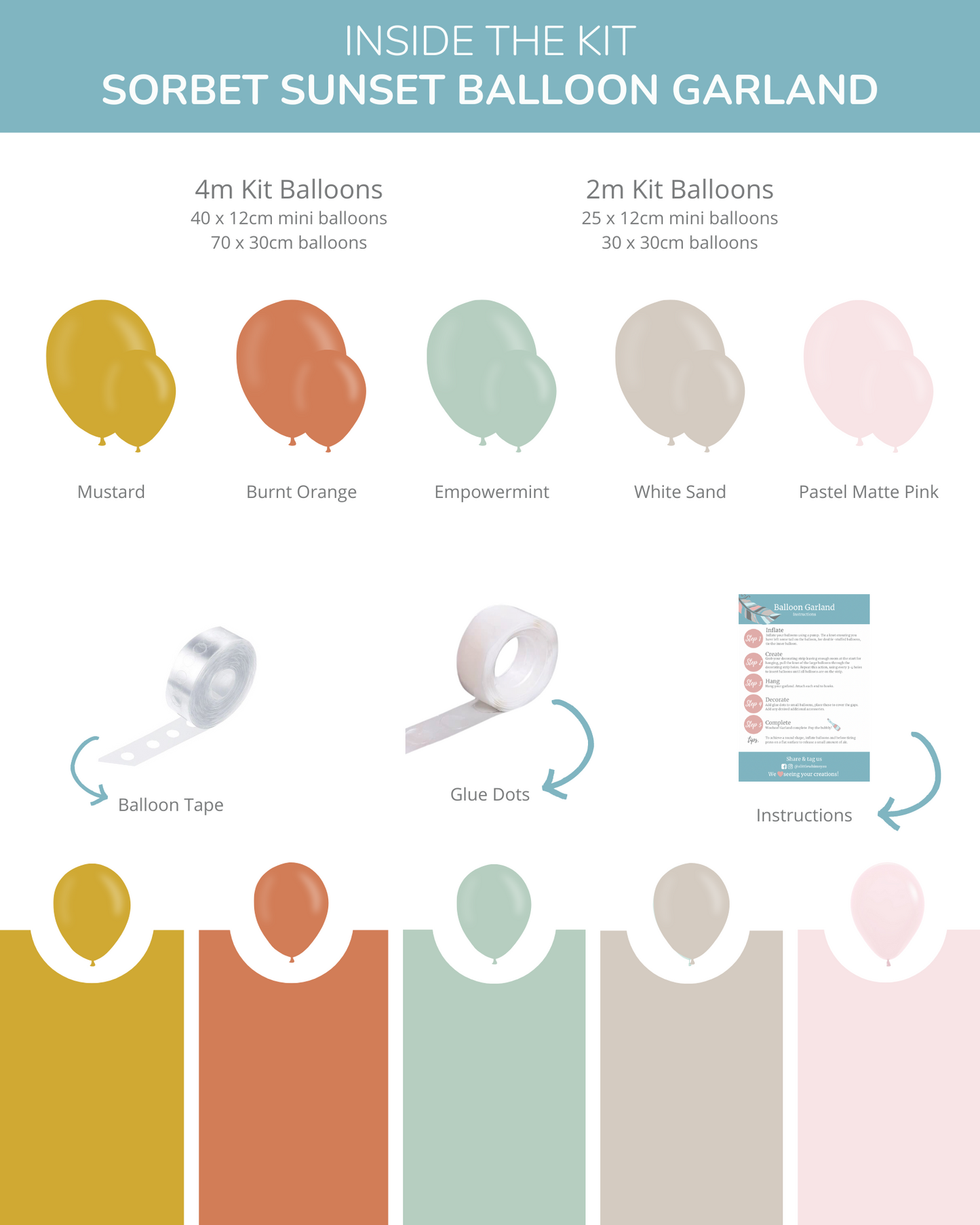 Colorful balloons in mustard, burnt orange, empowermint, white sand, and pastel pink arranged for festive decor.