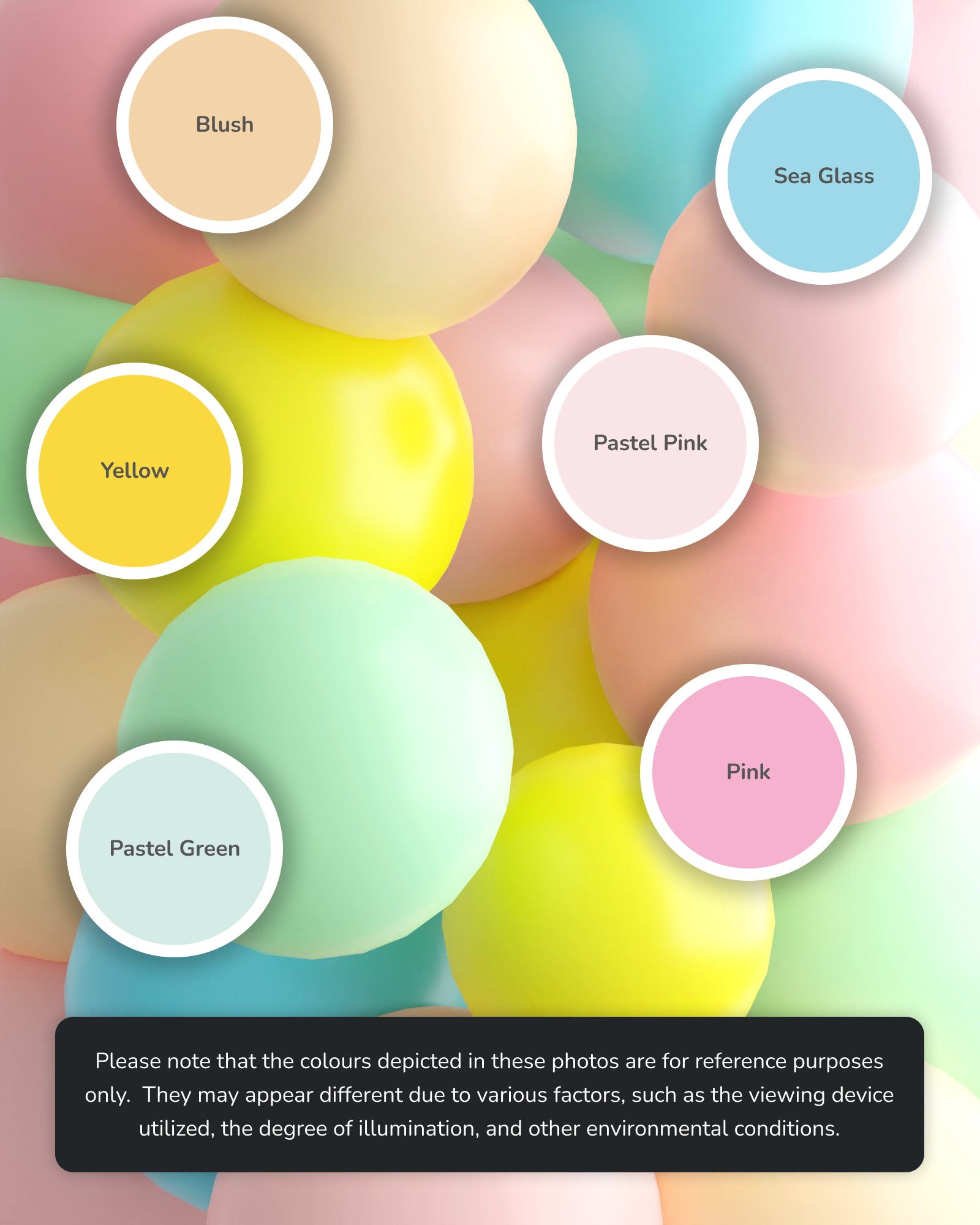 A vibrant assortment of pastel-colored spheres with labeled color samples: Blush, Yellow, Pink, Sea Glass, Pastel Pink, and P