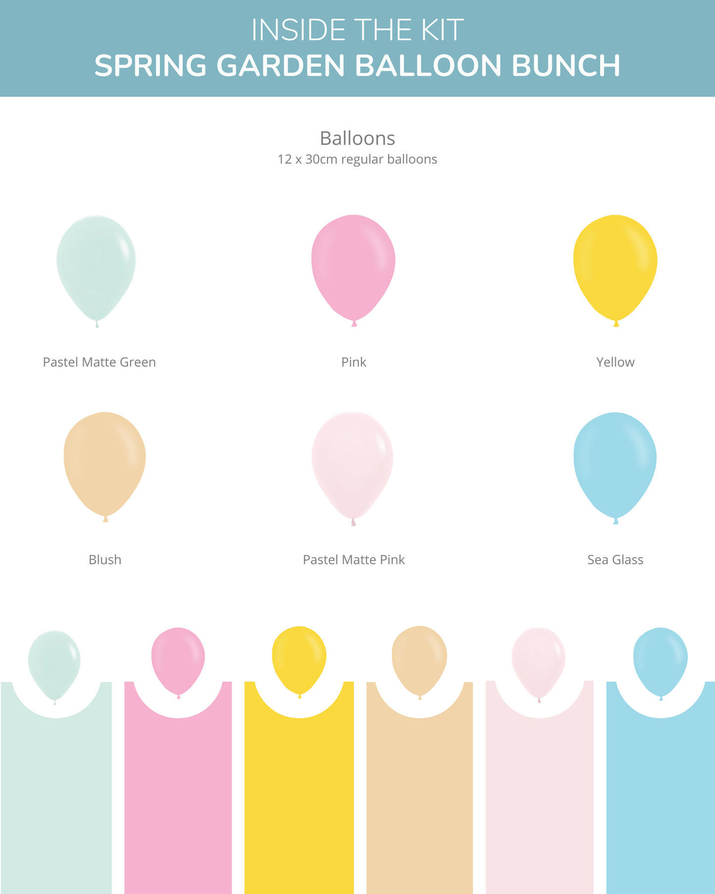 A collection of pastel balloons in various colors, arranged with matching backgrounds, perfect for spring celebrations.