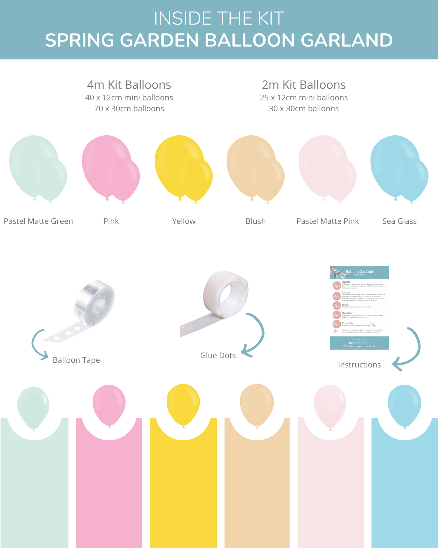Colorful pastel balloons in various shades, with balloon tape and glue dots, arranged in a playful layout.
