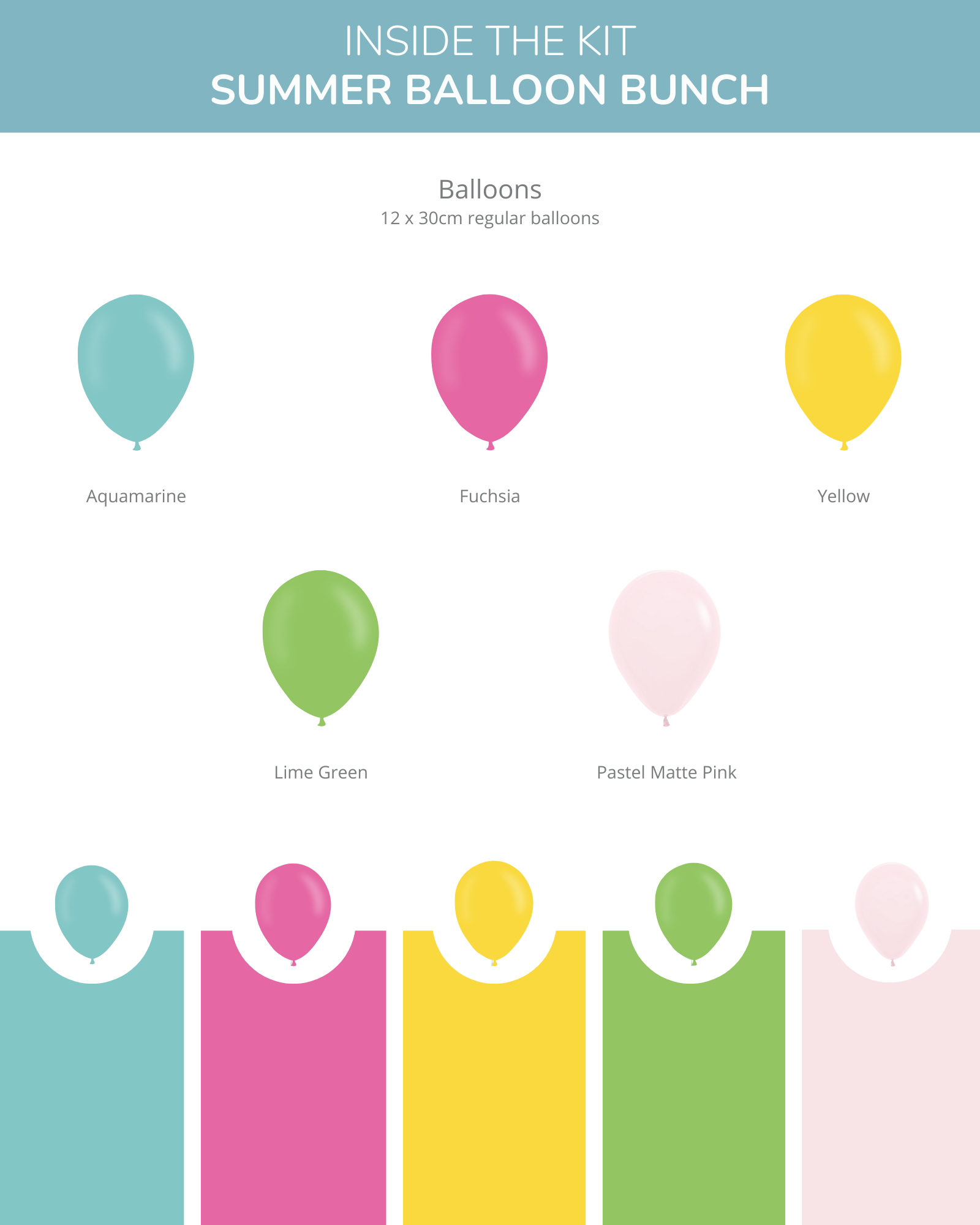 A vibrant assortment of balloons in aquamarine, fuchsia, yellow, lime green, and pastel pink. Perfect for celebrations!