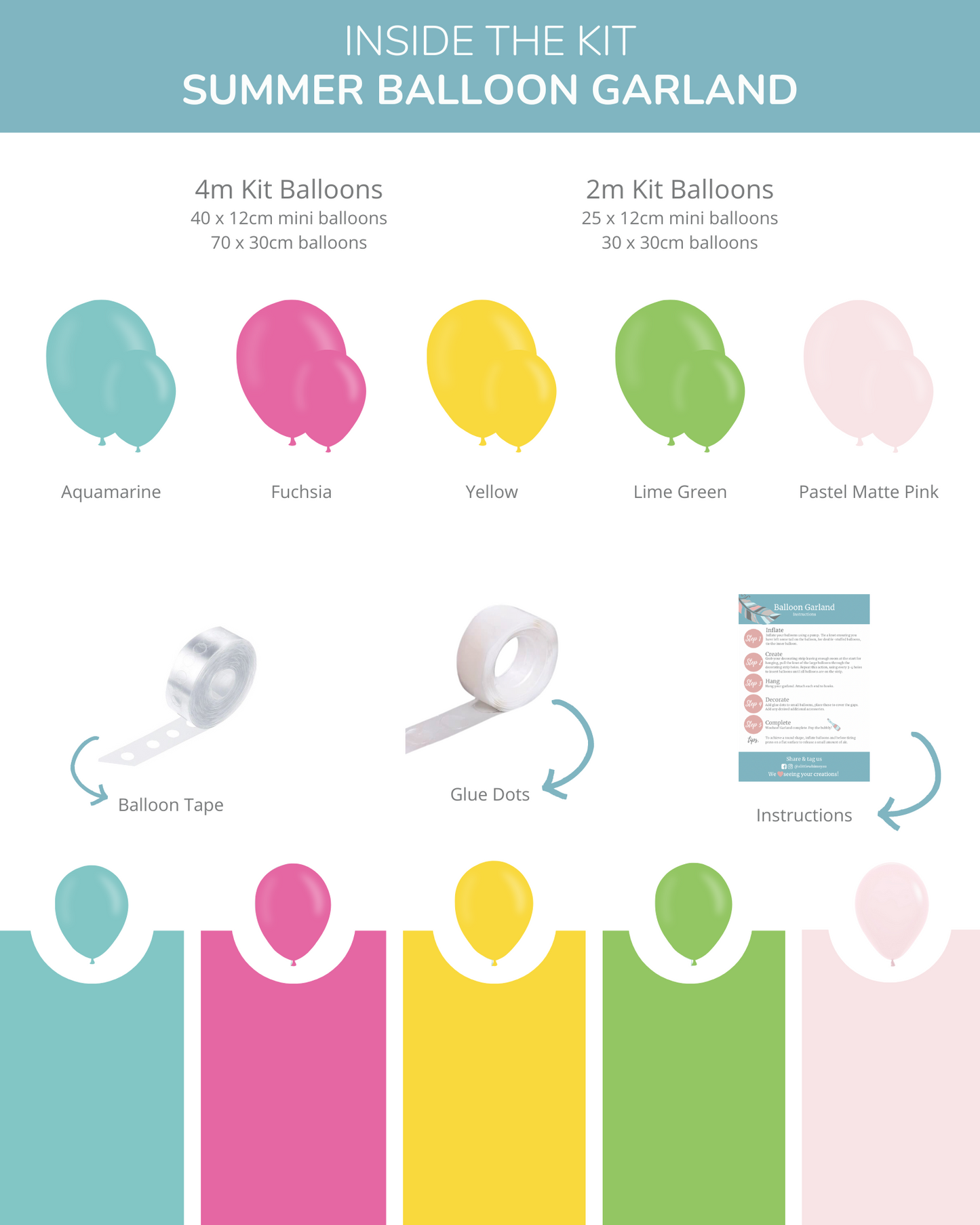 Colorful balloons in various shades with adhesive supplies and instructions for creating a festive garland display.