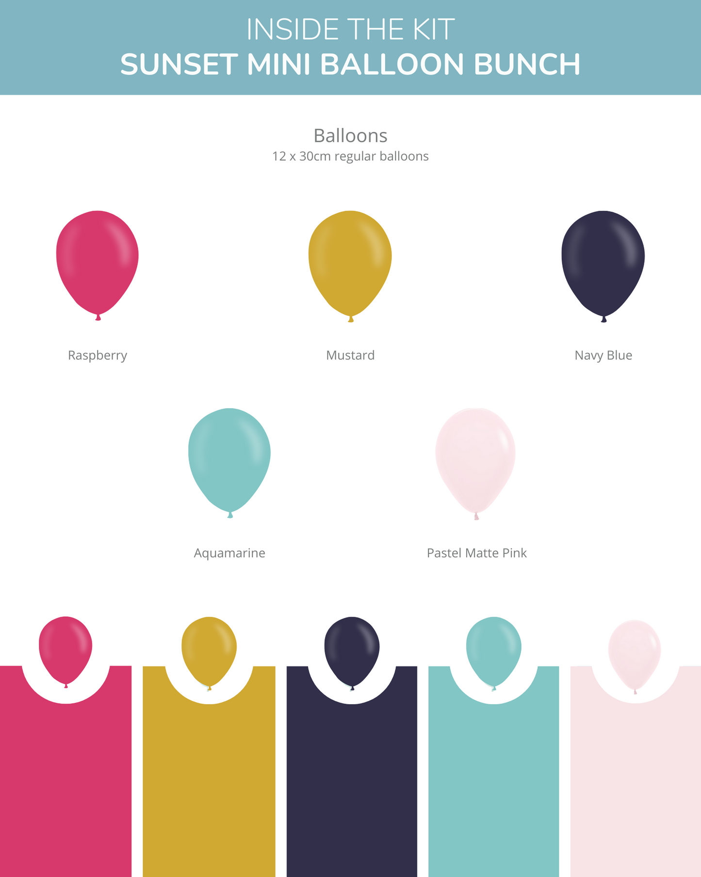 A colorful assortment of balloons in raspberry, mustard, navy blue, aquamarine, and pastel pink against a light background.