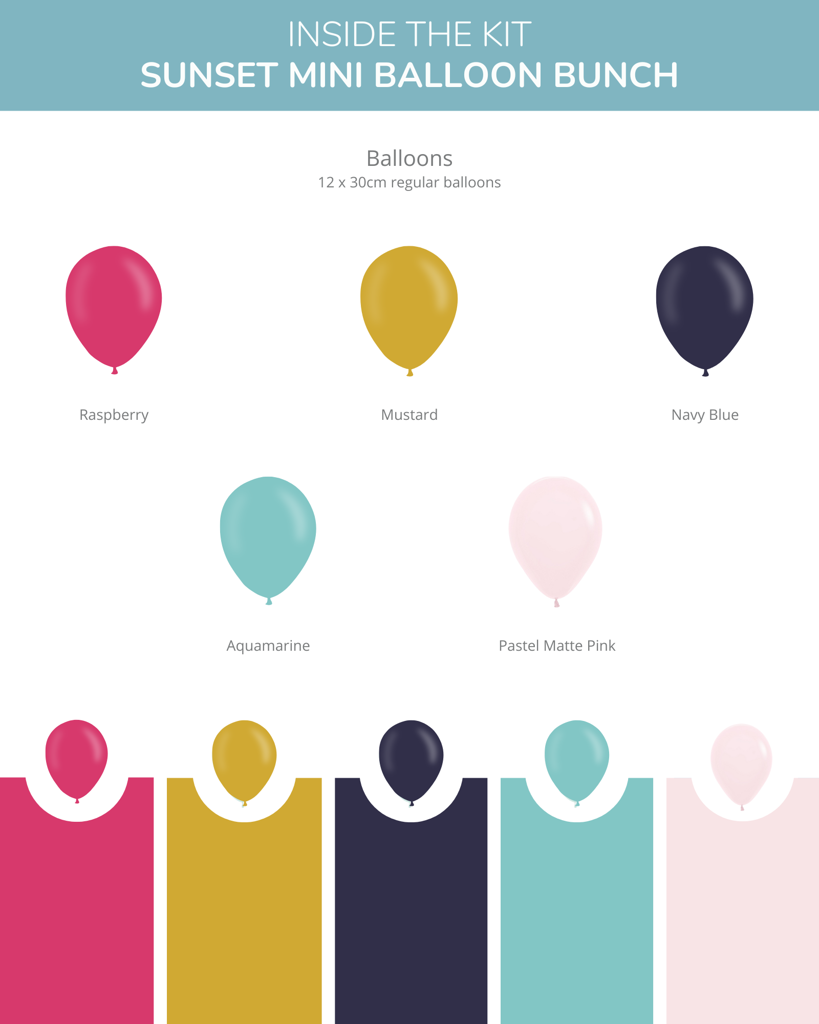 A colorful assortment of balloons in raspberry, mustard, navy blue, aquamarine, and pastel pink against a light background.