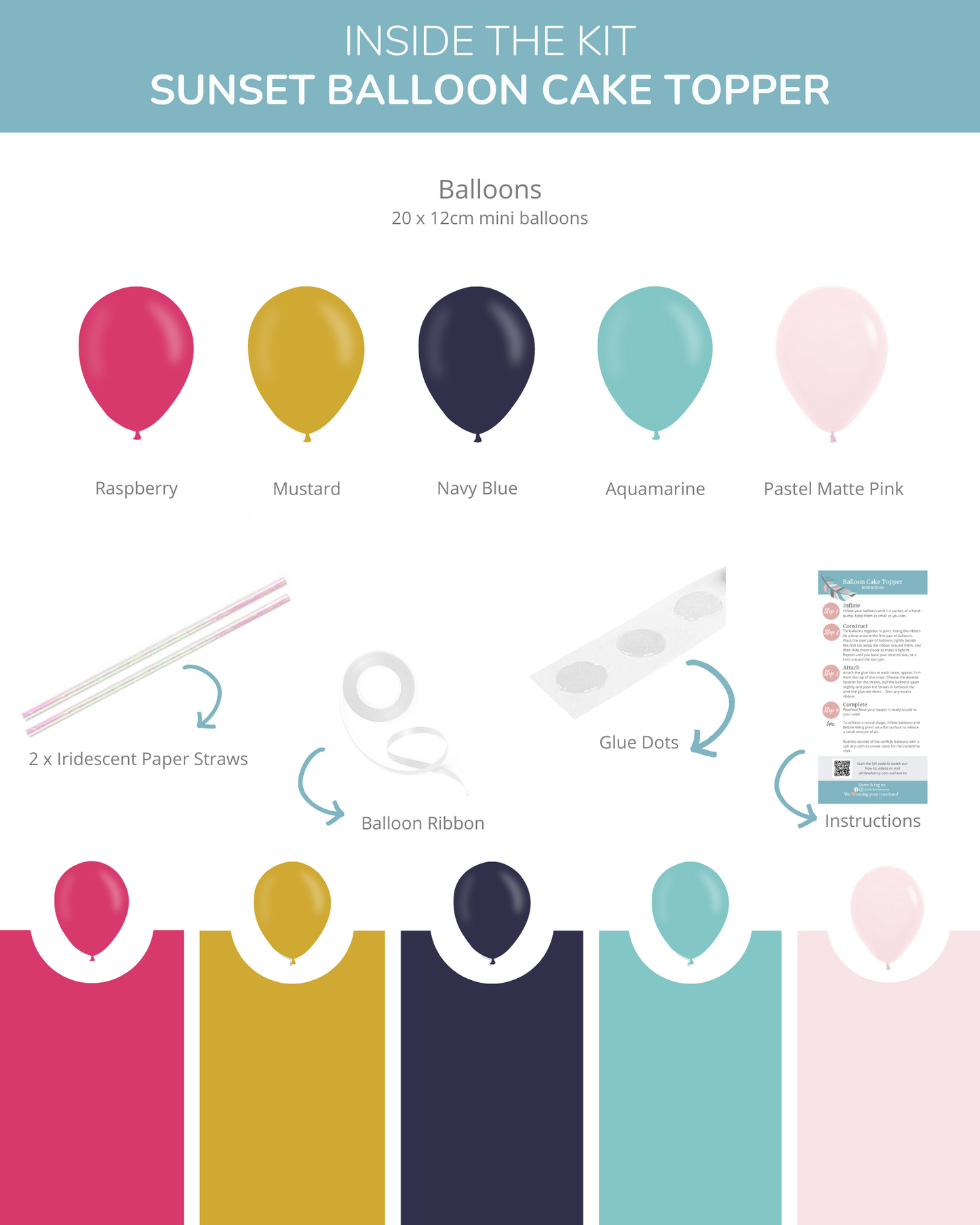 Colorful mini balloons in shades of raspberry, mustard, navy blue, aquamarine, and pastel pink for festive celebrations.