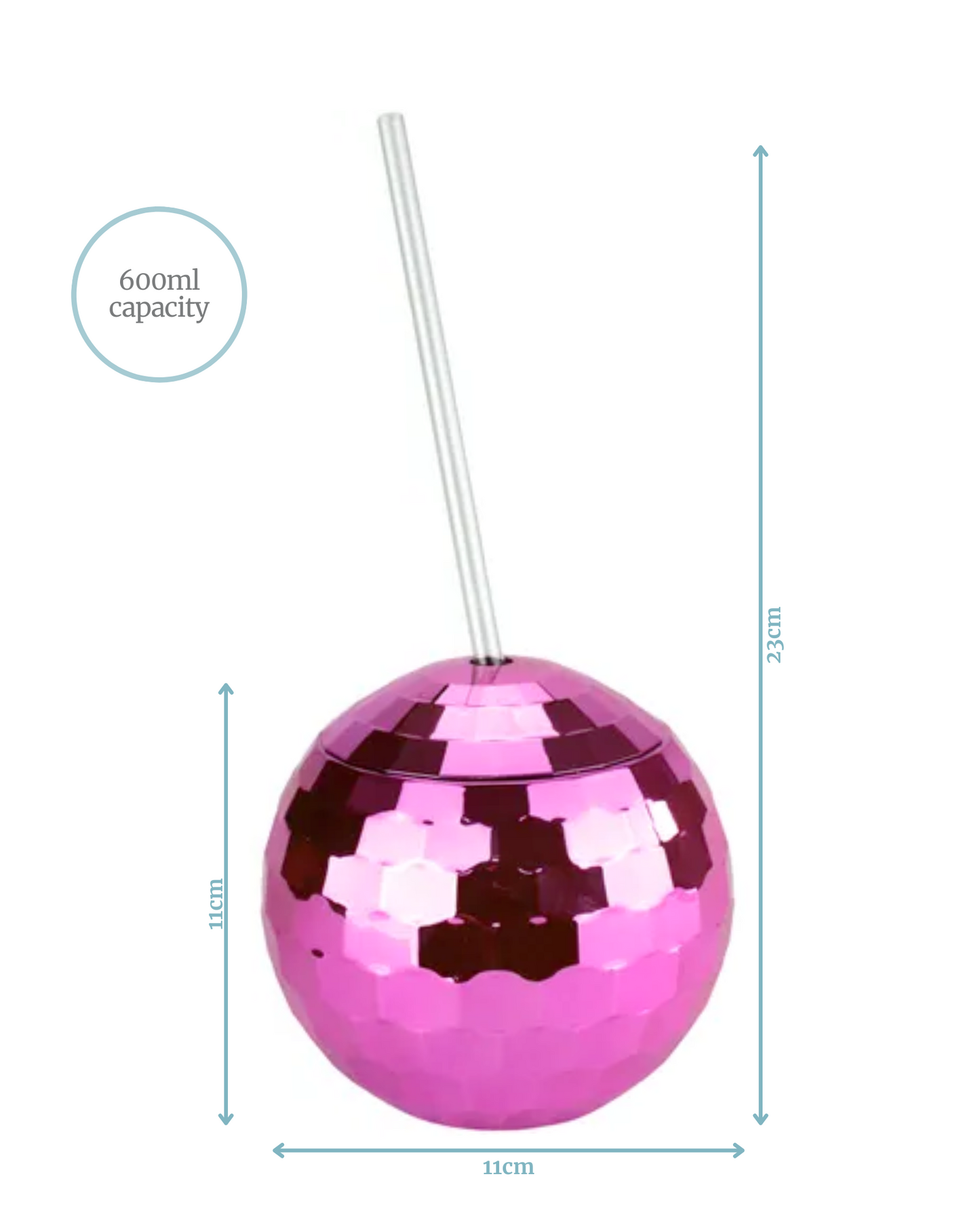 A shiny pink spherical container with a straw, featuring a hexagonal pattern and measuring 23cm in height.
