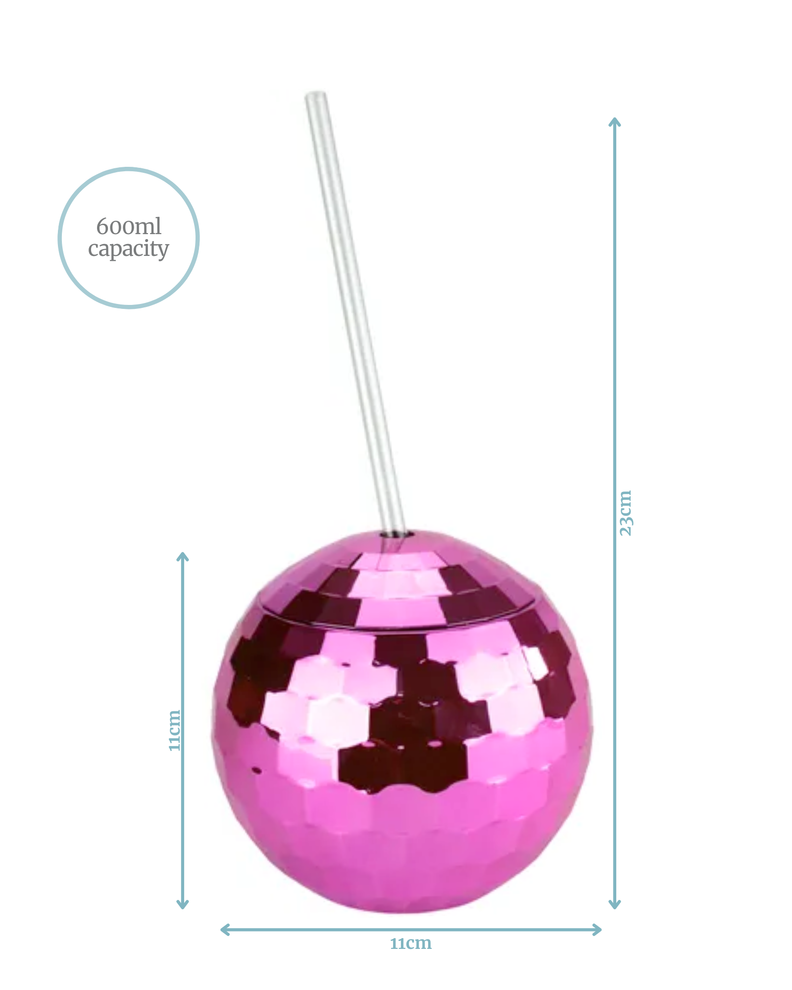 A shiny pink spherical container with a straw, featuring a hexagonal pattern and measuring 23cm in height.