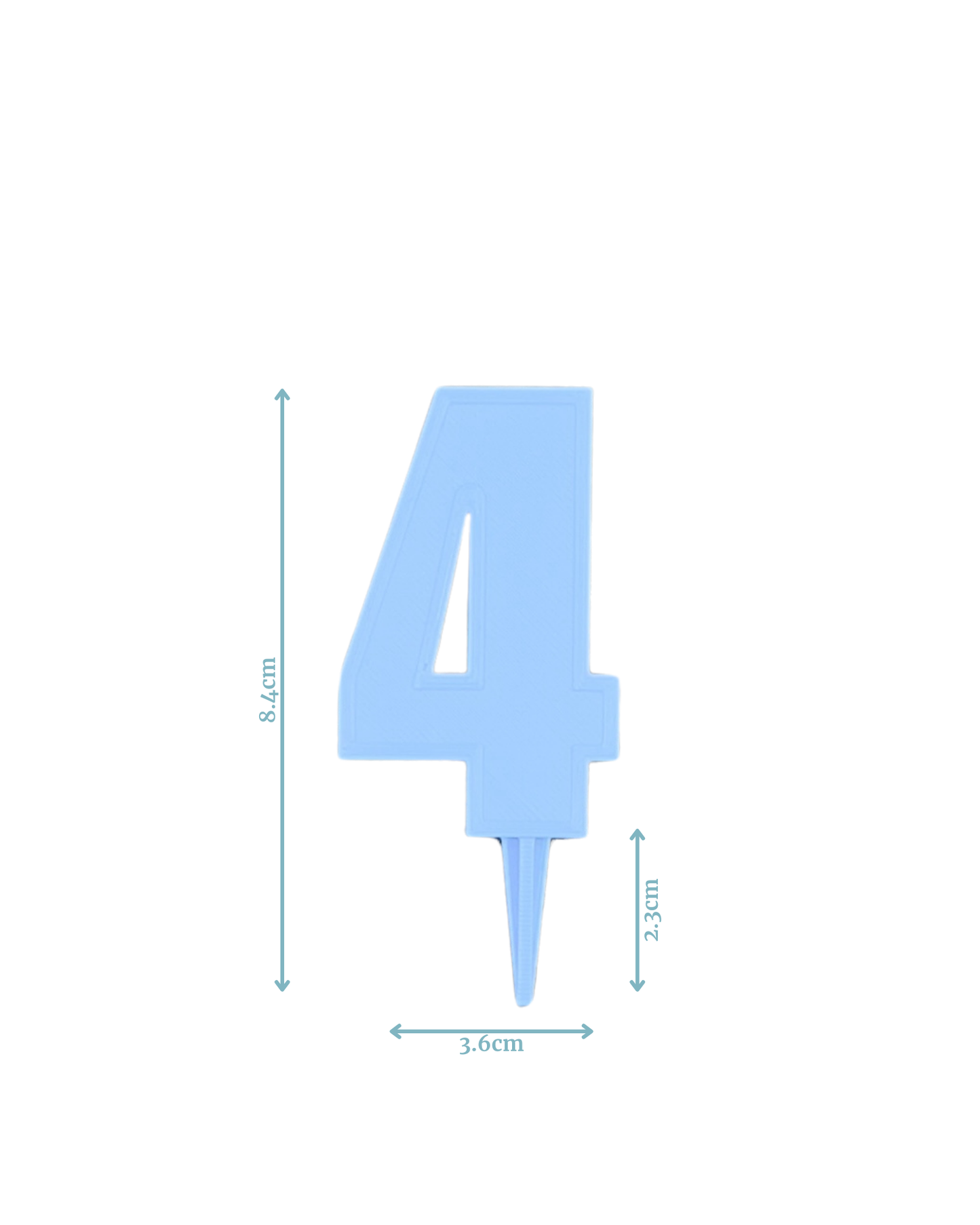 Light blue numeral "4" with pointed base, measuring 8.4 cm tall and 3.6 cm wide.