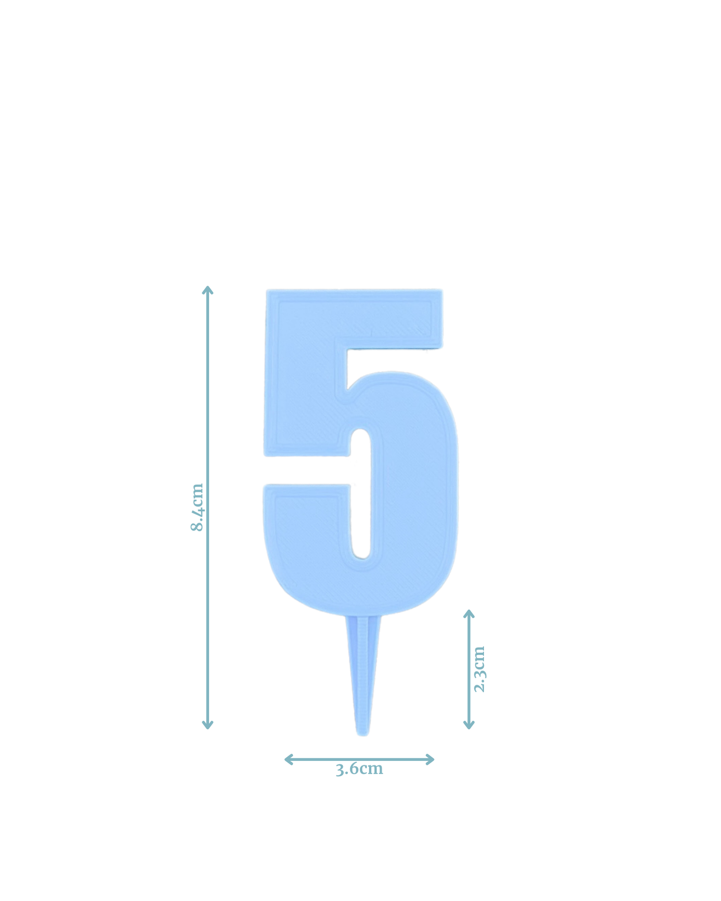 Blue numeral "5" with a pointed base, designed for display, measuring 8.4cm in height and 3.6cm in width.