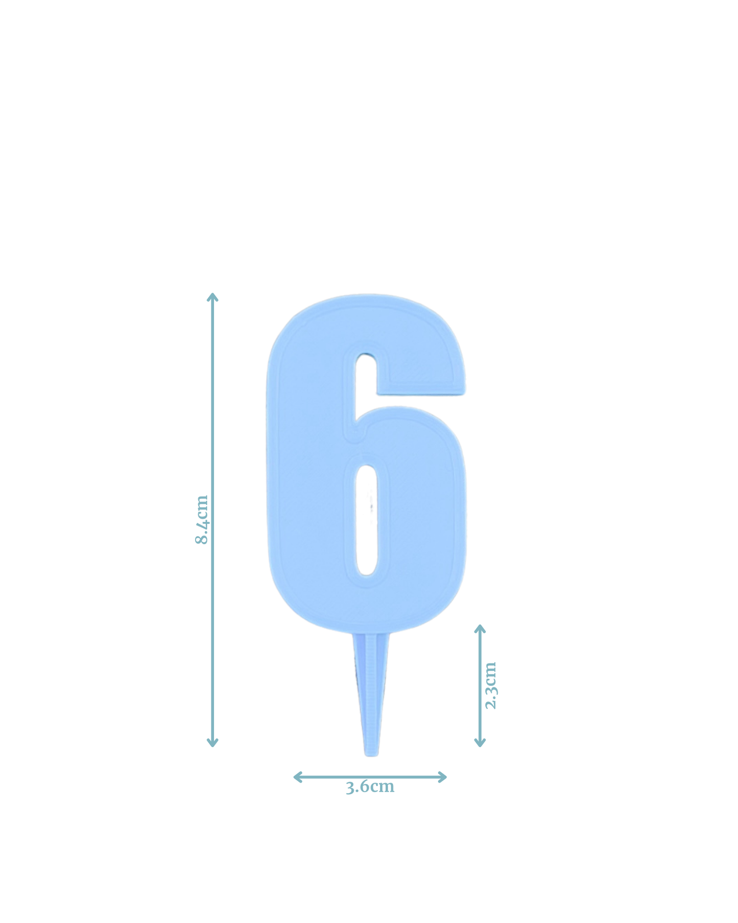 A light blue numeral six with a pointed base, measuring 8.4 cm tall and 3.6 cm wide, set against a white background.
