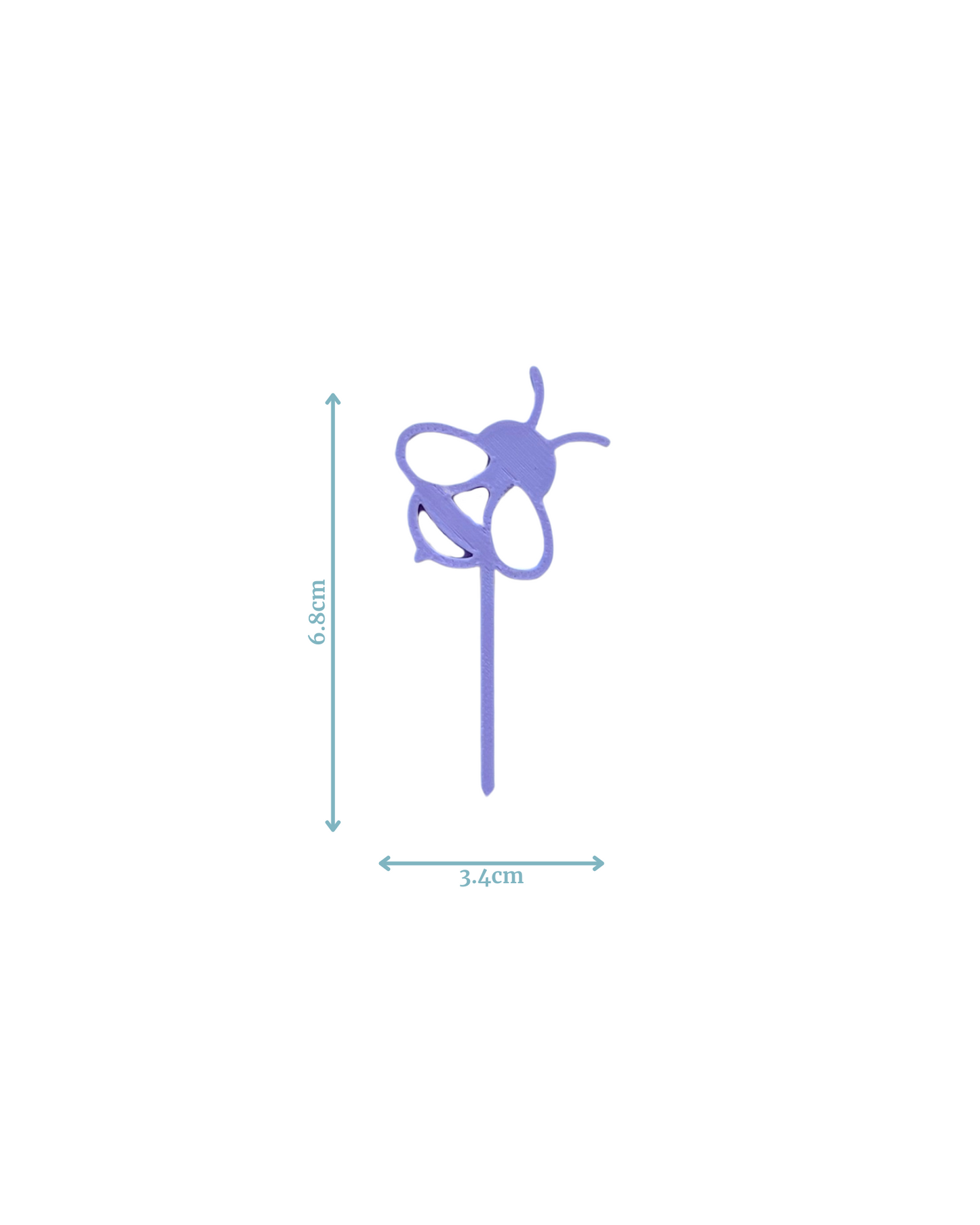 A purple decorative element shaped like a bee, featuring intricate details and measuring 6.8 cm tall by 3.4 cm wide.
