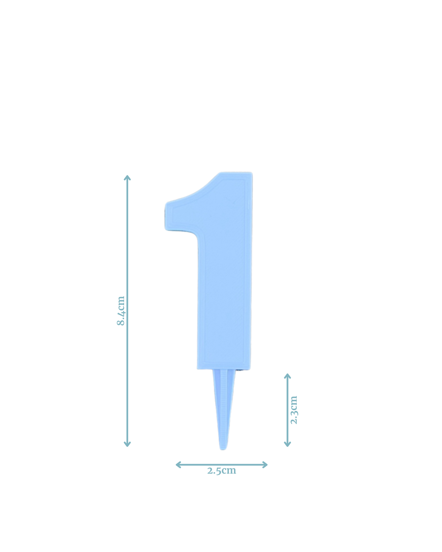 Light blue numeral one with a pointed base, measuring 8.4 cm tall and 2.5 cm wide, set against a plain background.