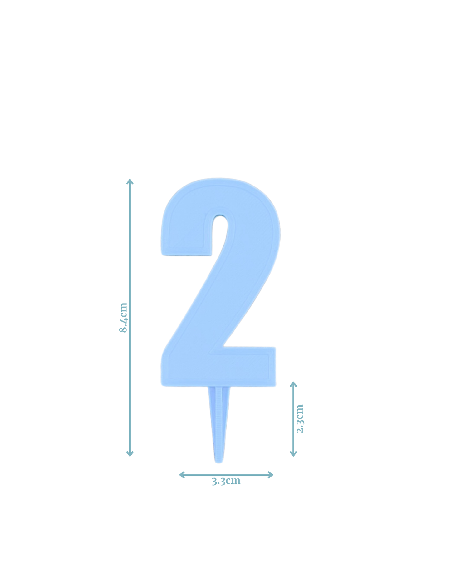 Light blue numeral "2" with a pointed base, measuring 8.4 cm tall and 3.3 cm wide.