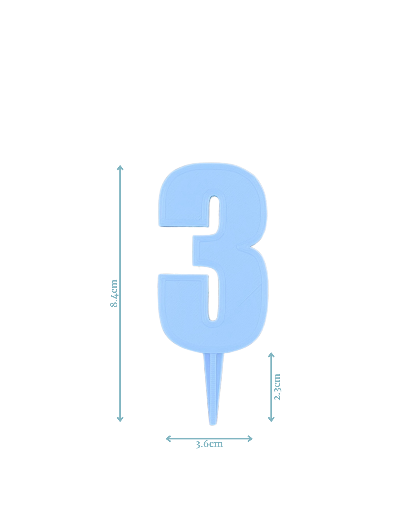 Light blue numeral three with a pointed base, measuring 8.4 cm tall and 3.6 cm wide.
