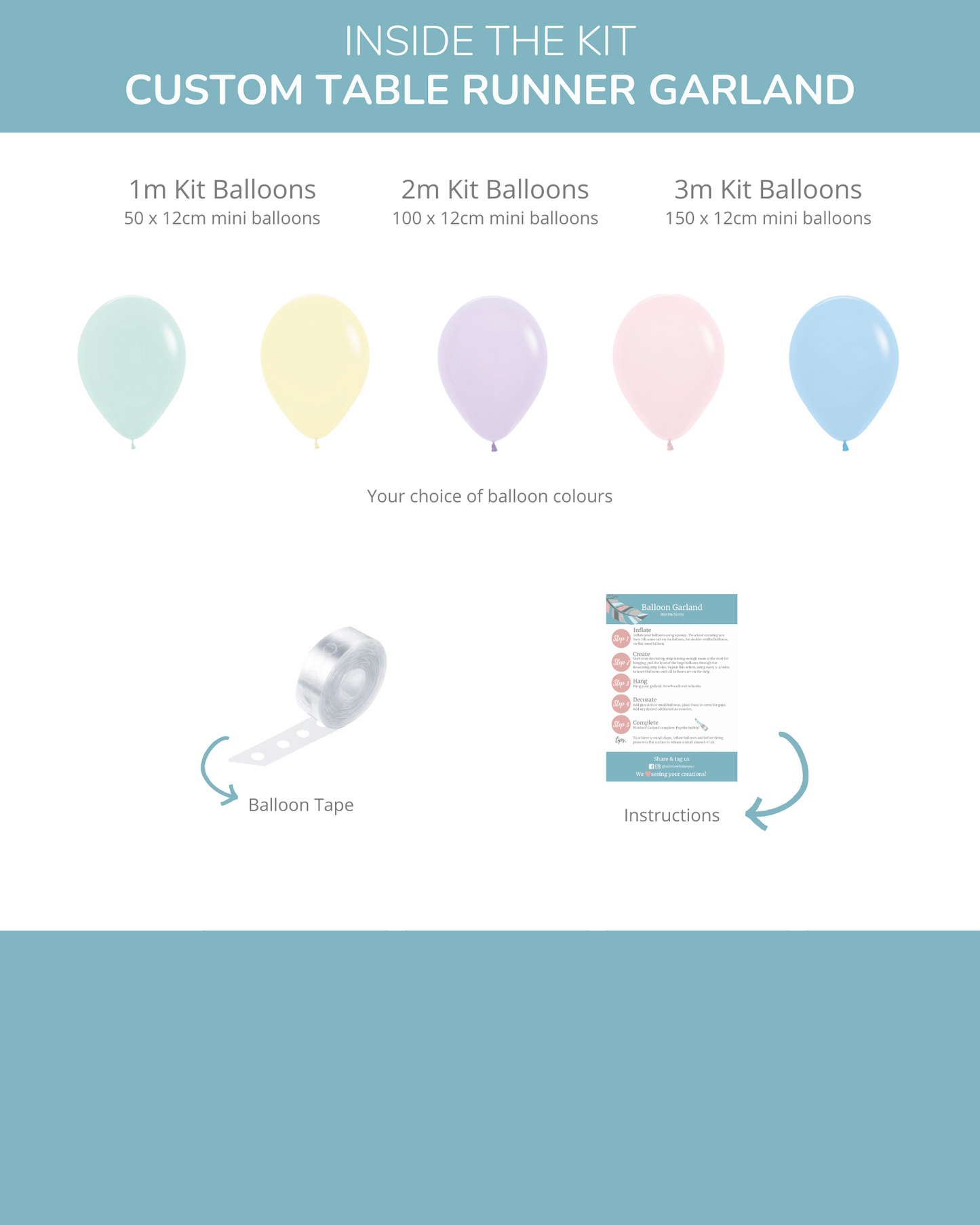 Colorful balloons in pastel shades, balloon tape, and instructional guide for assembling a festive garland.