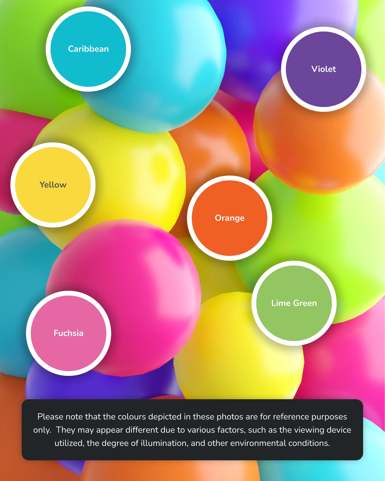 Colorful spheres in vibrant shades of turquoise, violet, yellow, orange, fuchsia, and lime green, creating a lively display.