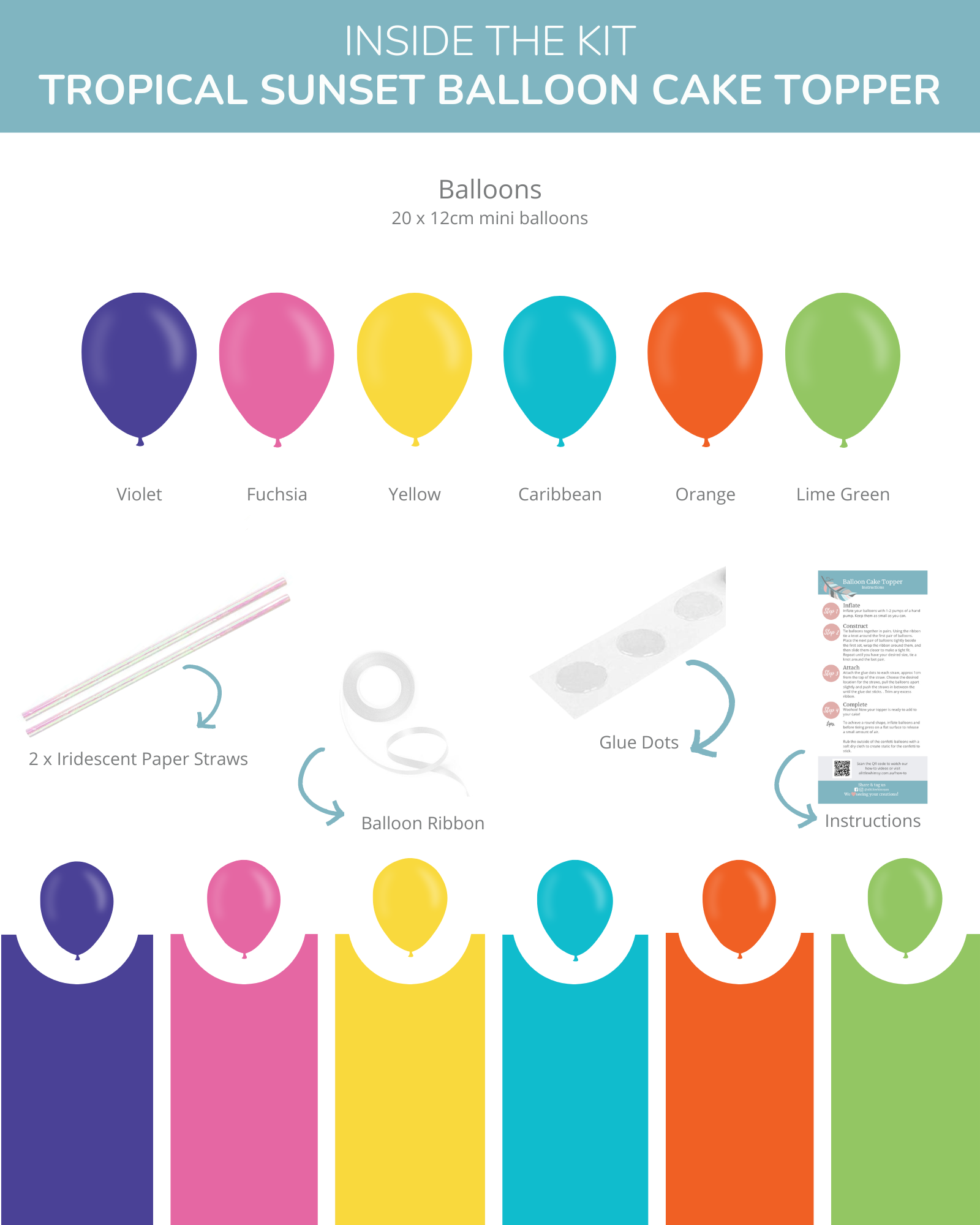Colorful mini balloons in violet, fuchsia, yellow, Caribbean, orange, and lime green with straws and instructions.
