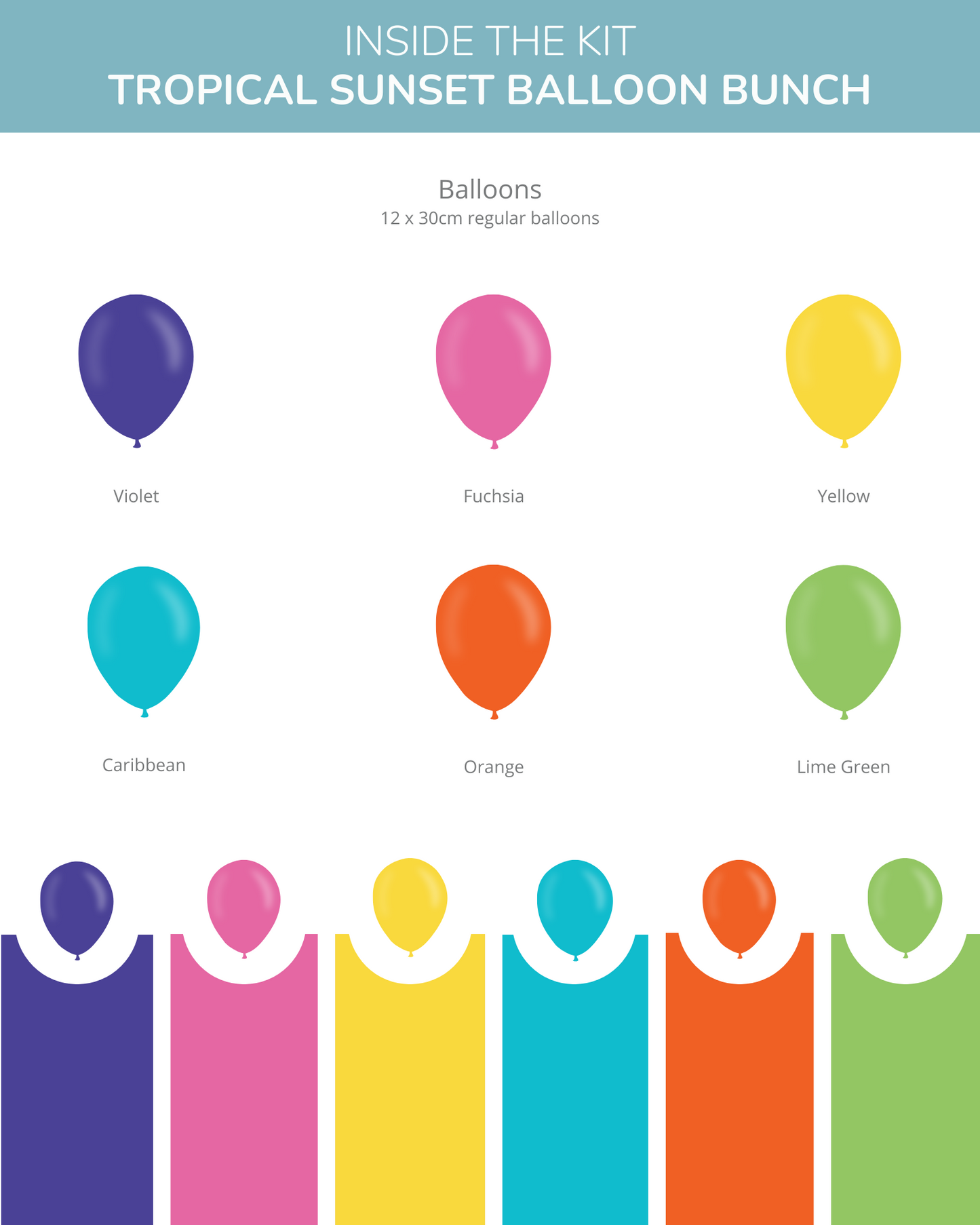 Colorful balloons in violet, fuchsia, yellow, Caribbean, orange, and lime green arranged in a vibrant display.