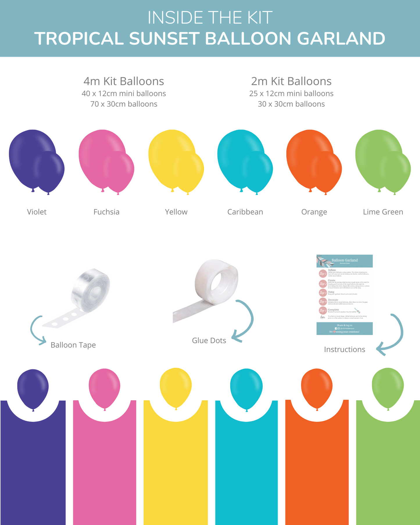 Colorful balloons in violet, fuchsia, yellow, Caribbean, orange, and lime green, arranged for a festive display.