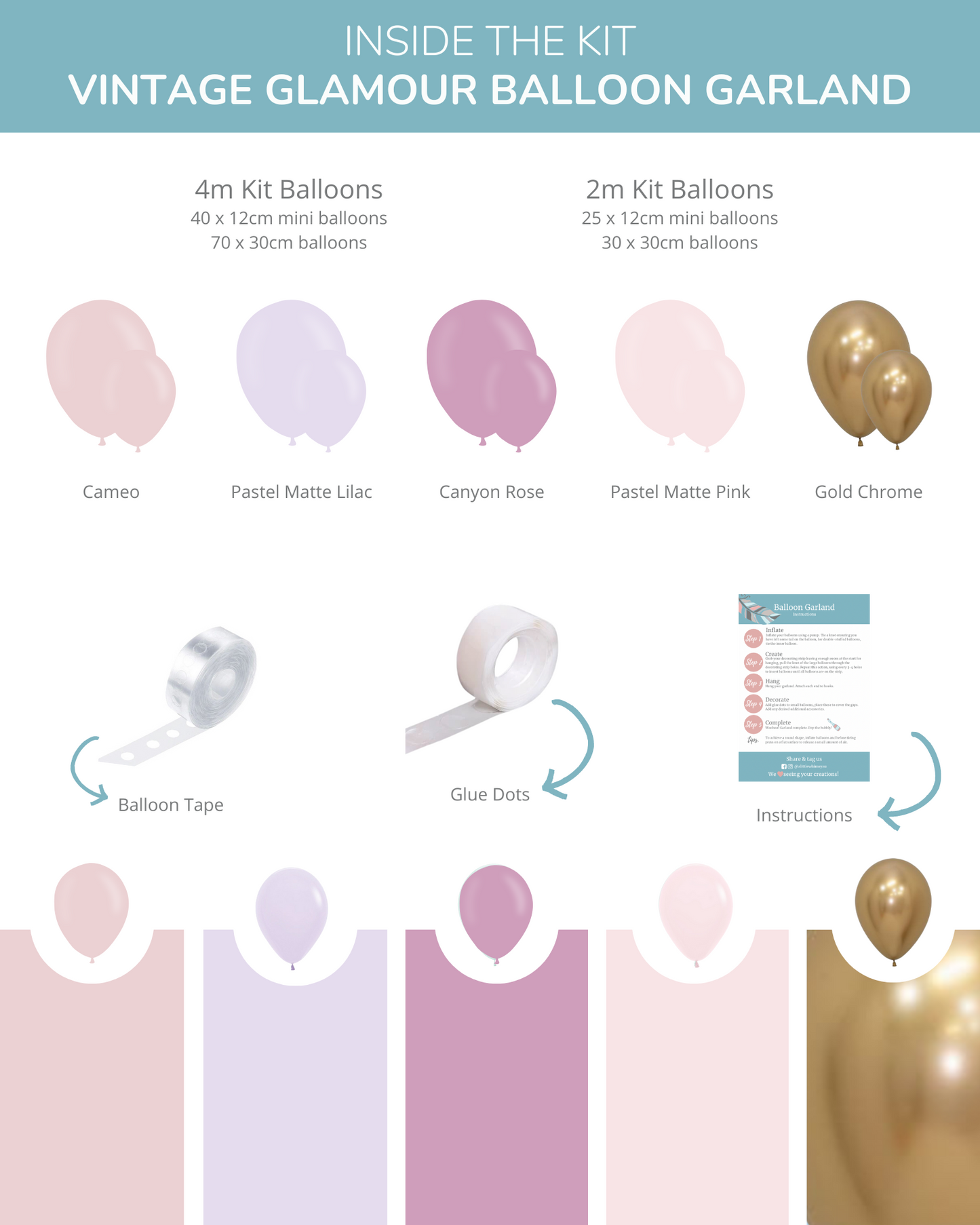 A pastel-colored balloon garland kit featuring soft pinks, lilacs, and gold accents, with assembly tools included.