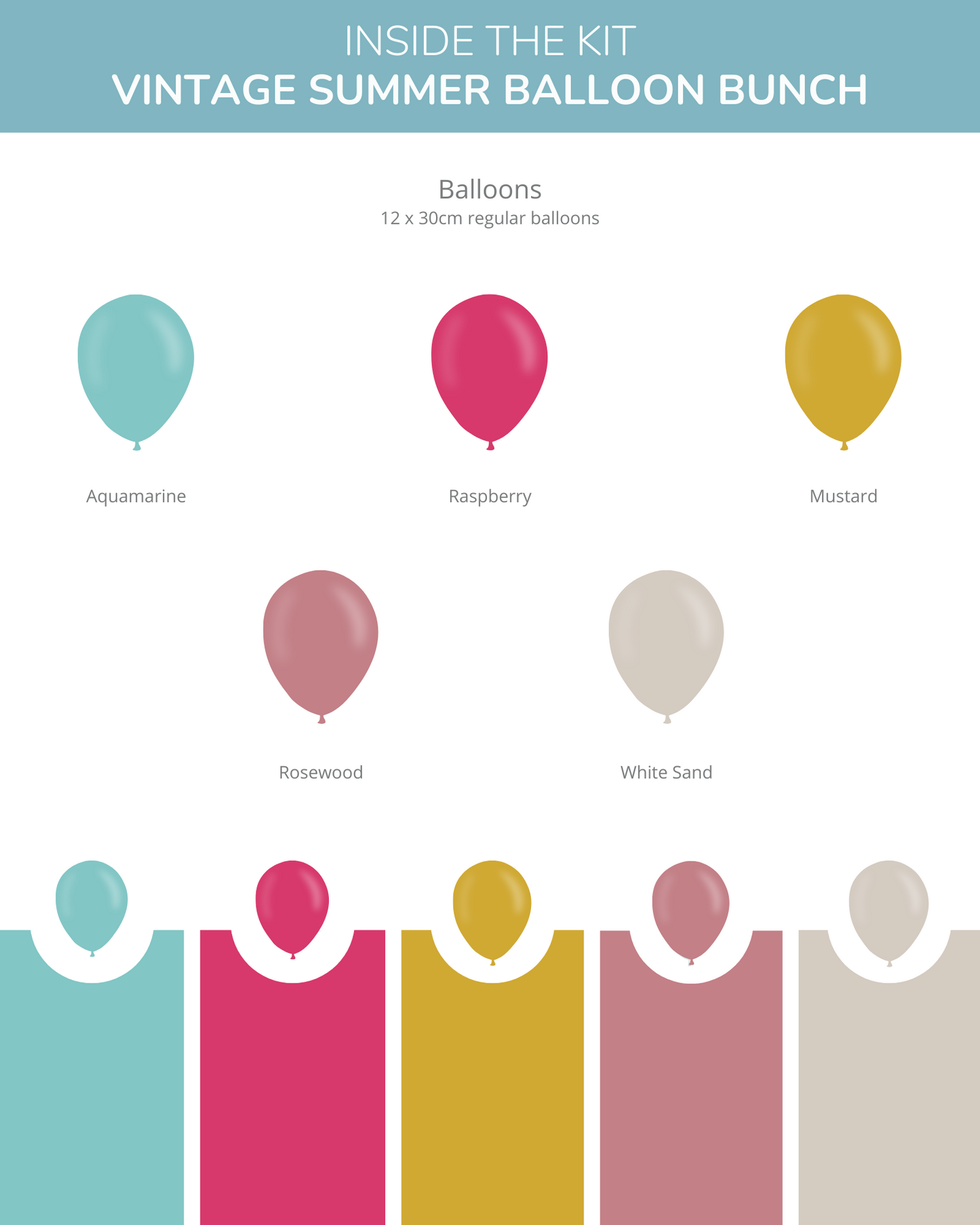 A collection of vintage-style balloons in aquamarine, raspberry, mustard, rosewood, and white sand colors.