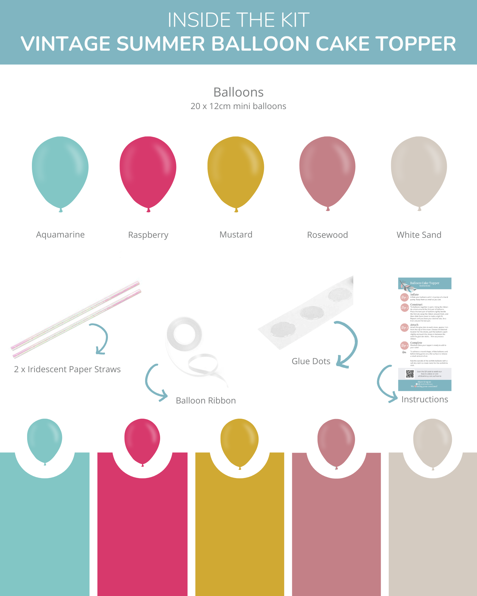Colorful mini balloons in aquamarine, raspberry, mustard, rosewood, and white sand, accompanied by straws and glue dots.